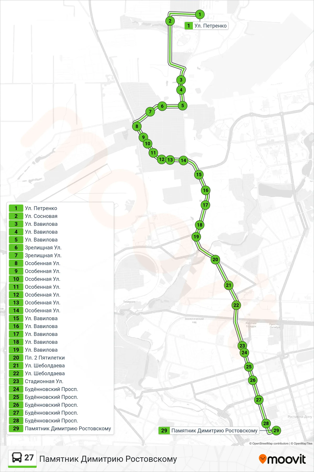 27 bus Line (Dimitri Rostovsky Monument) route and stops on a map