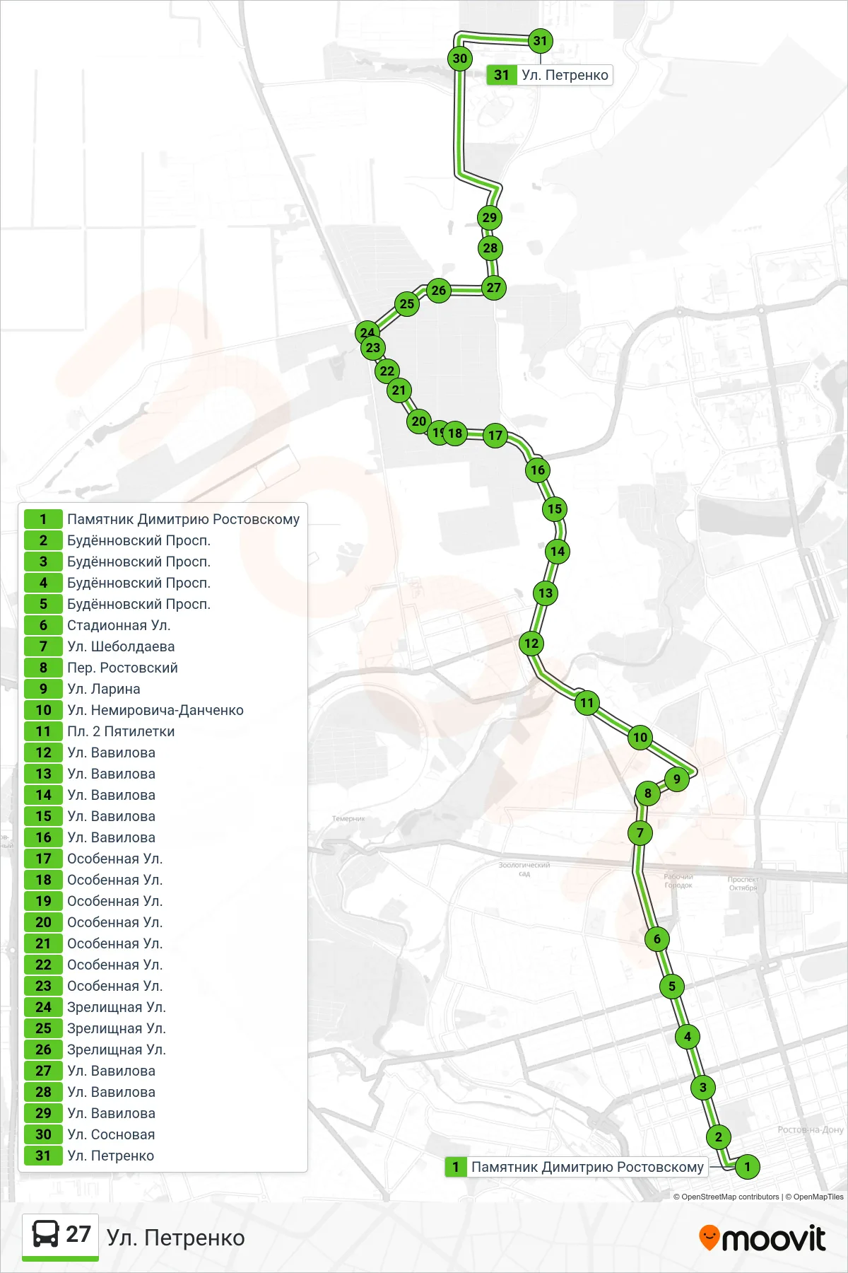 27 bus Line (Petrenko St) route and stops on a map