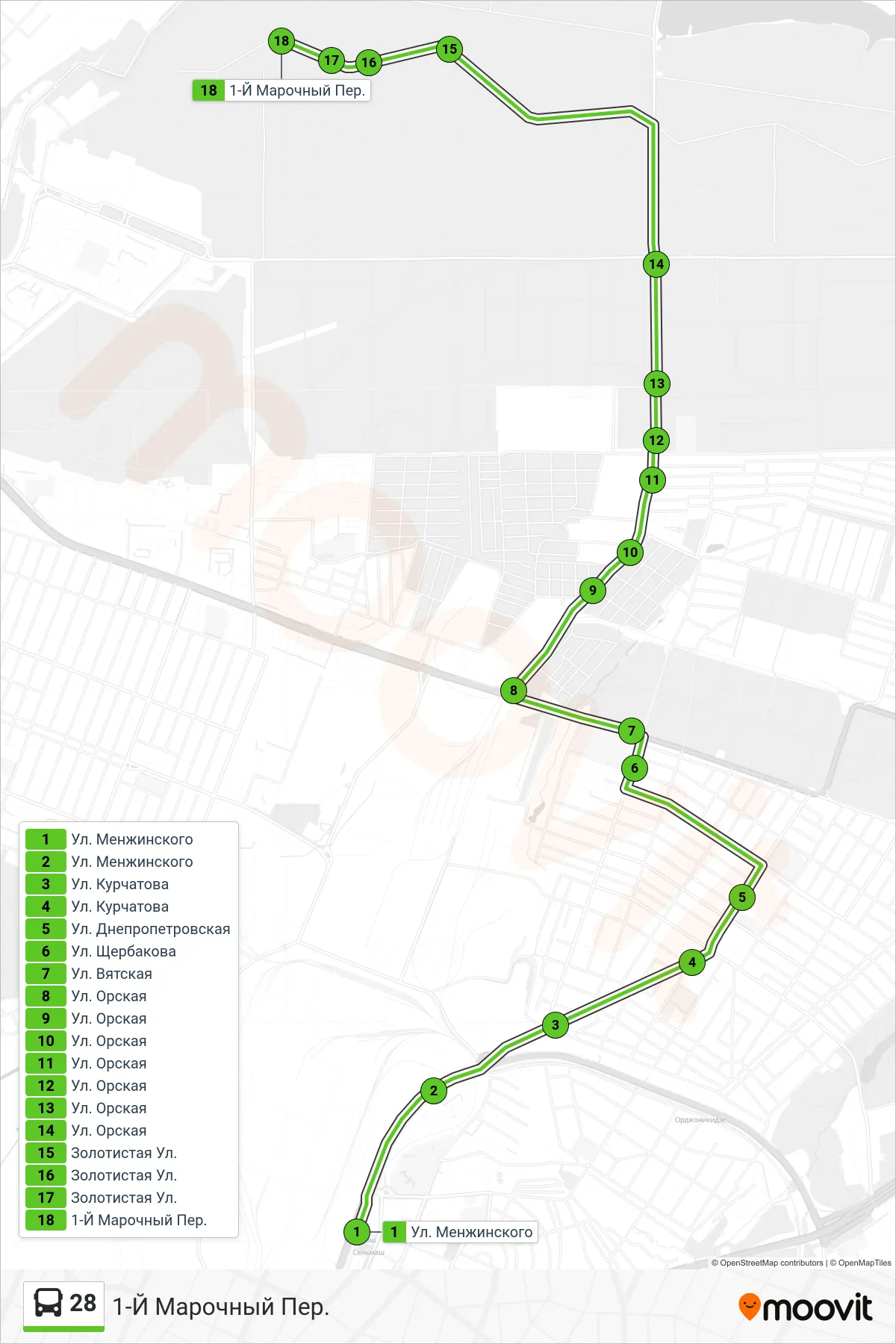 28 bus Line (1st Marochny Lane) route and stops on a map