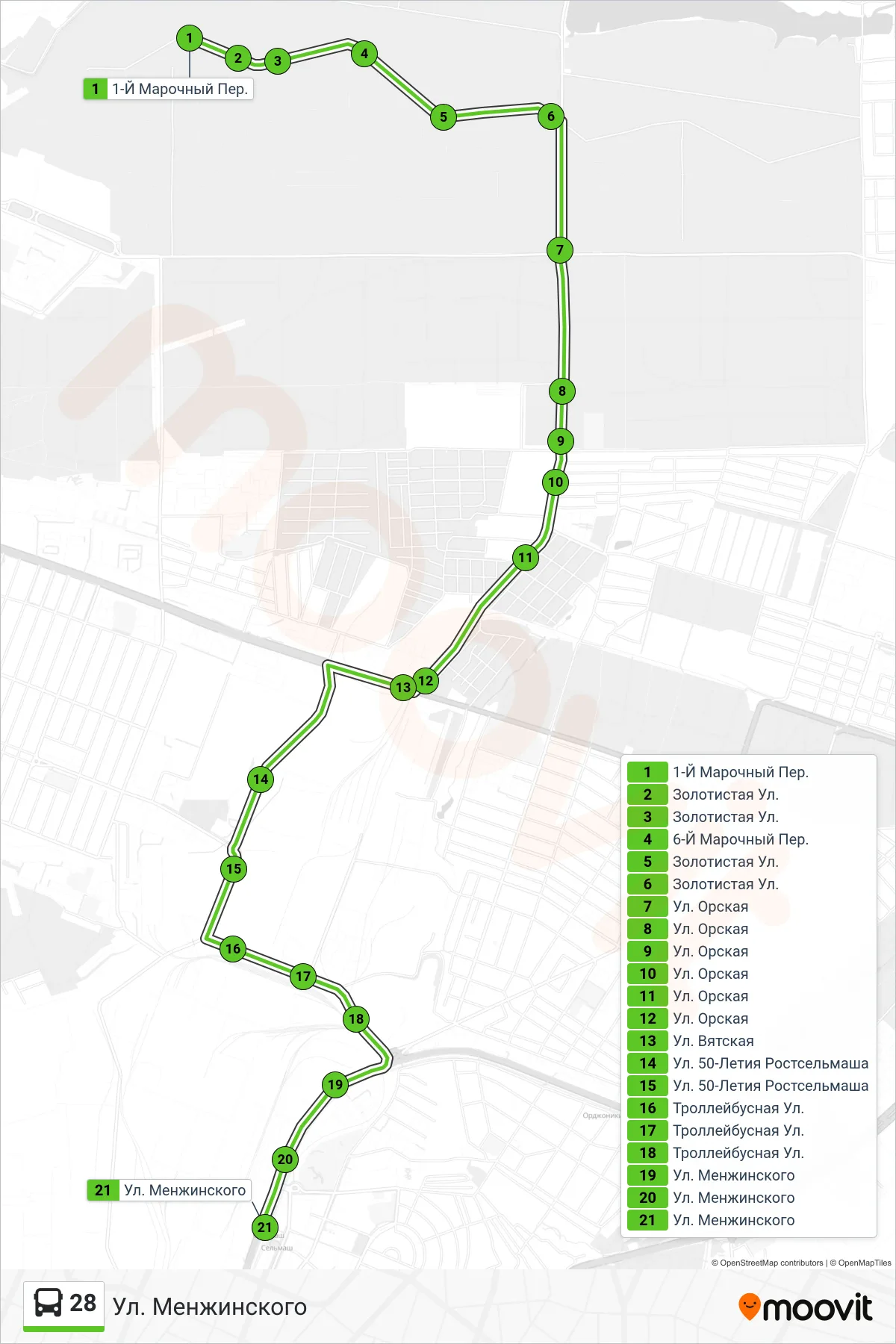 28 bus Line (Menzhinsky Street) route and stops on a map