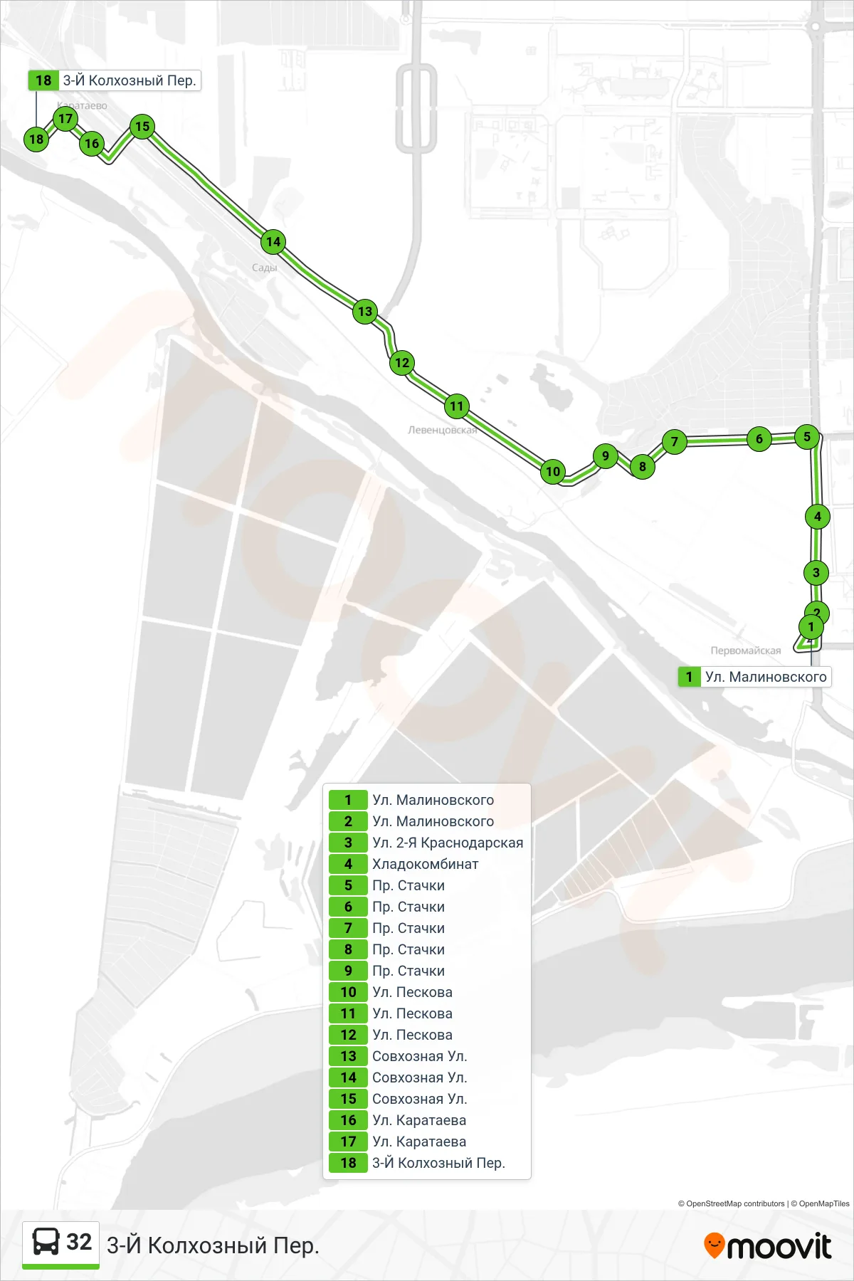 32 bus Line (3rd Collective Farm Lane) route and stops on a map