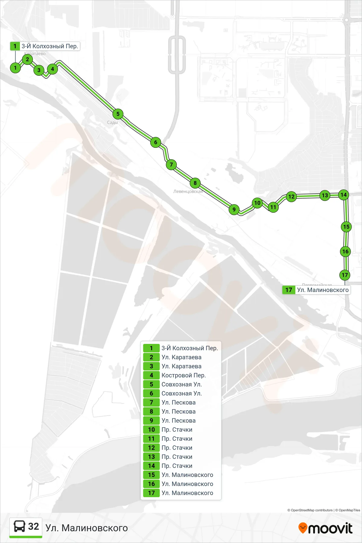 32 bus Line (Malinovsky Street) route and stops on a map