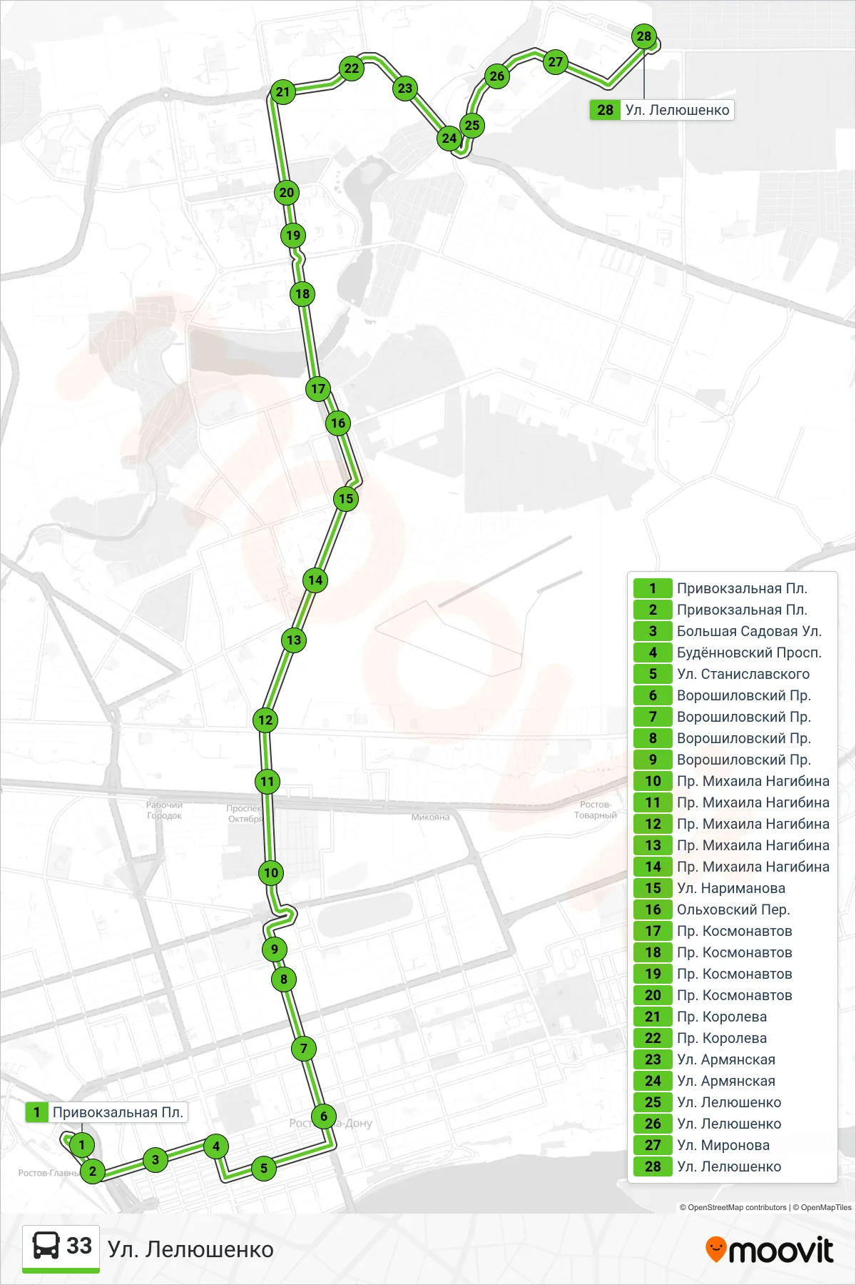33 bus Line (Lelyushenko St) route and stops on a map