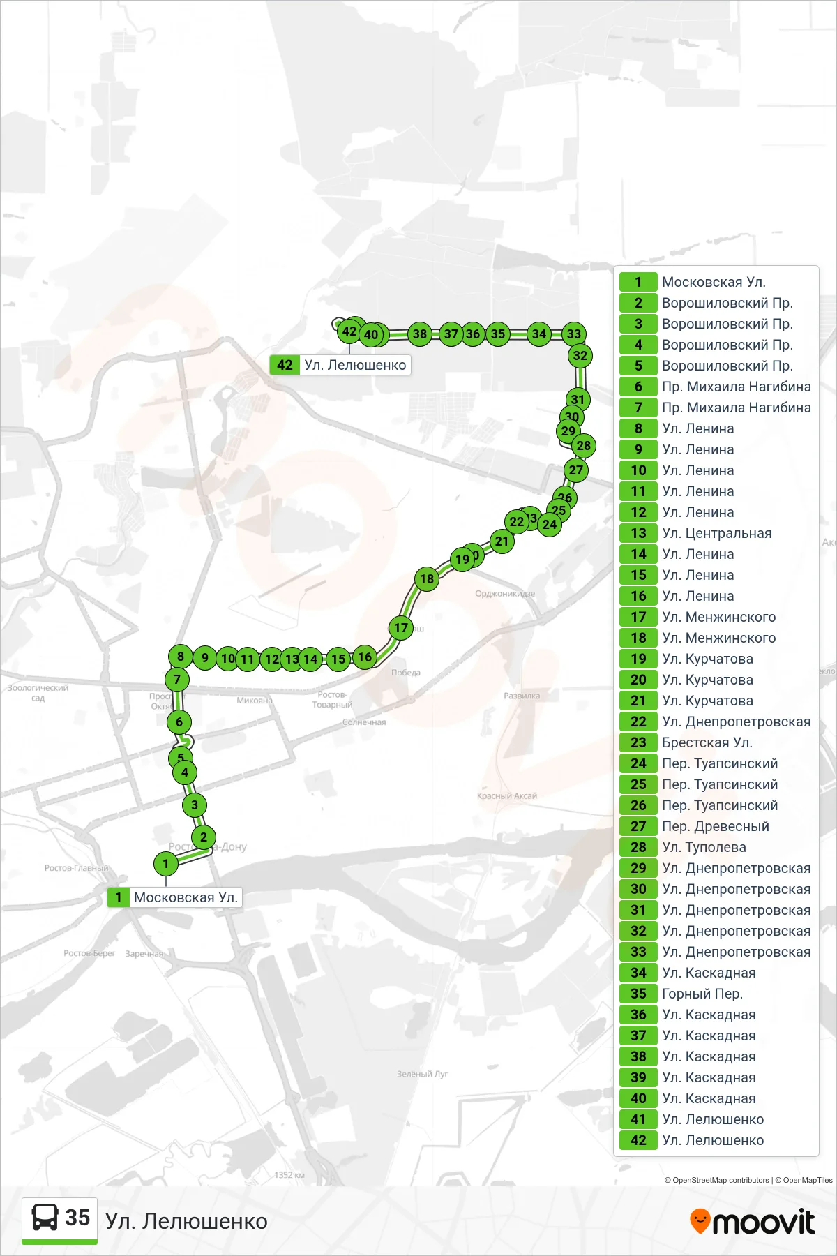 35 bus Line (Lelyushenko St) route and stops on a map