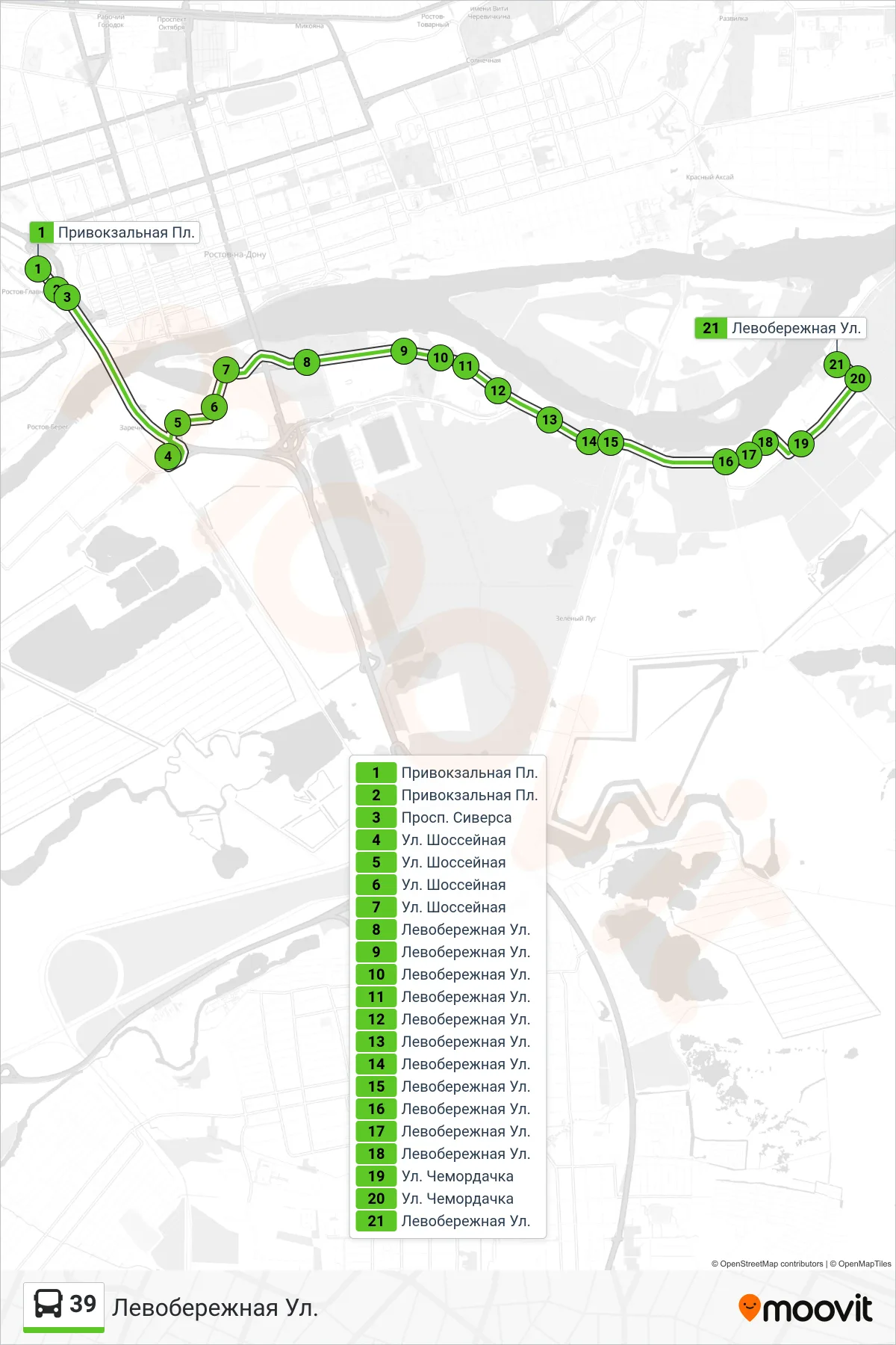39 bus Line (Left Bank Street) route and stops on a map
