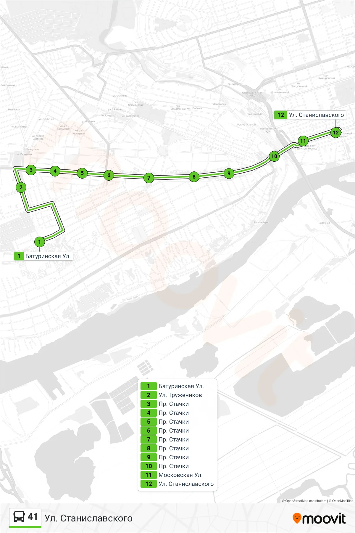 41 bus Line (Stanislavskogo Street) route and stops on a map