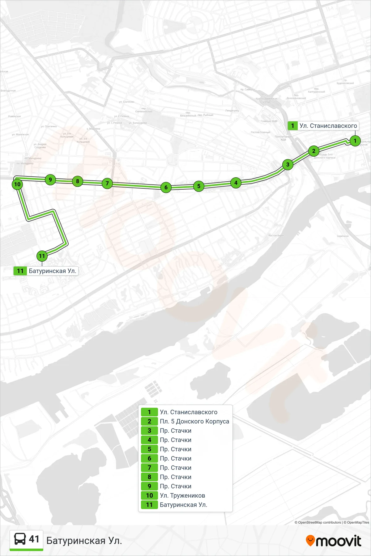 41 bus Line (Baturinskaya St.) route and stops on a map