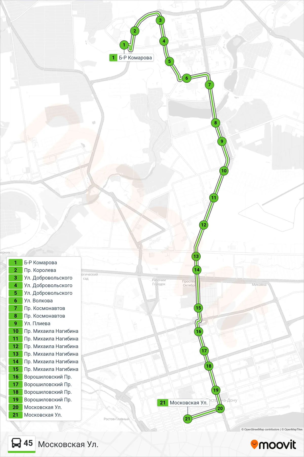 45 bus Line (Moscow Street) route and stops on a map