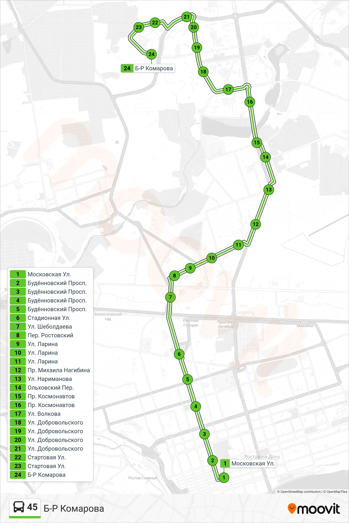 45 bus Line (Komarov Blvd.) route and stops on a map