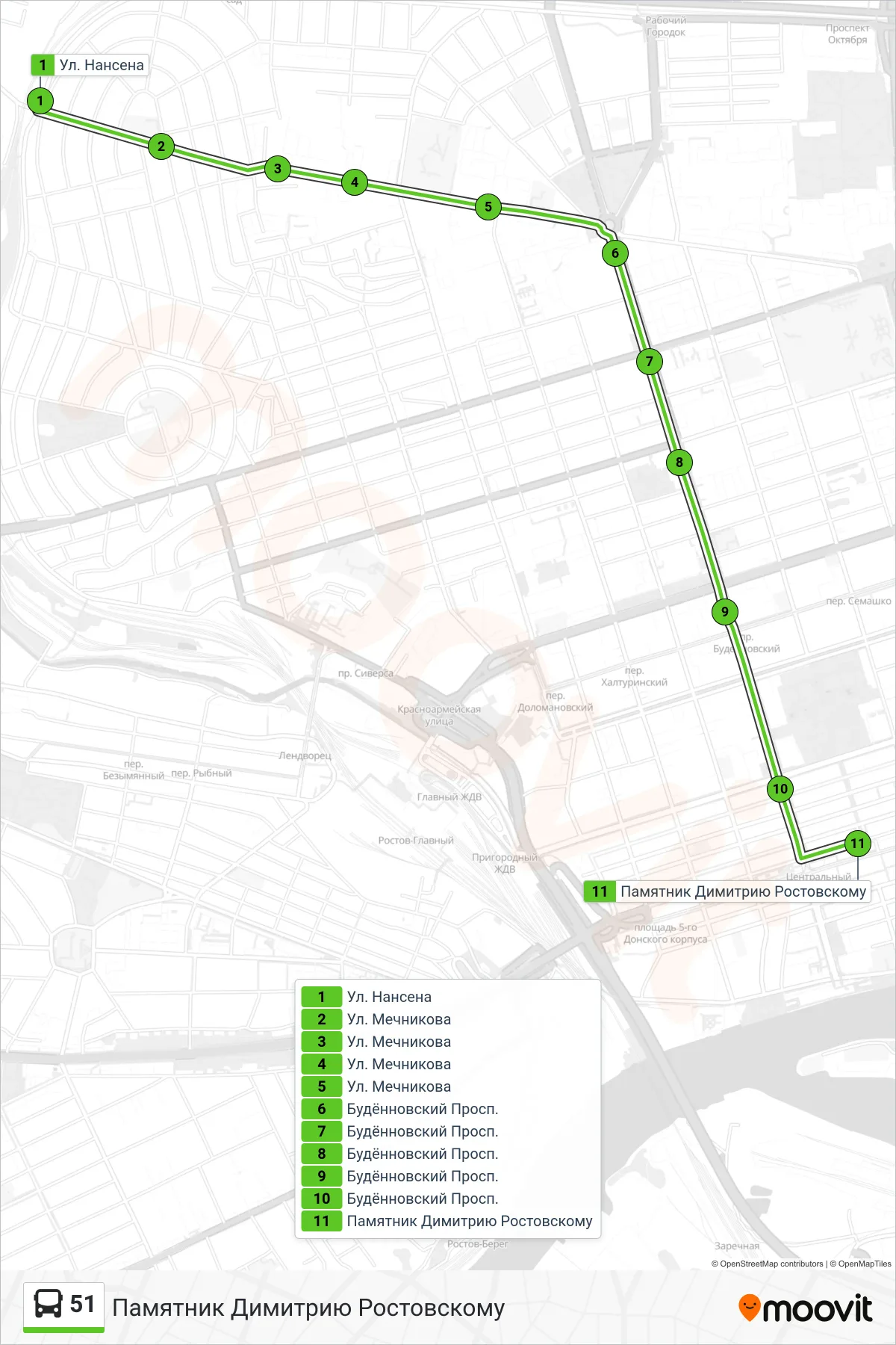 51 bus Line (Dimitri Rostovsky Monument) route and stops on a map