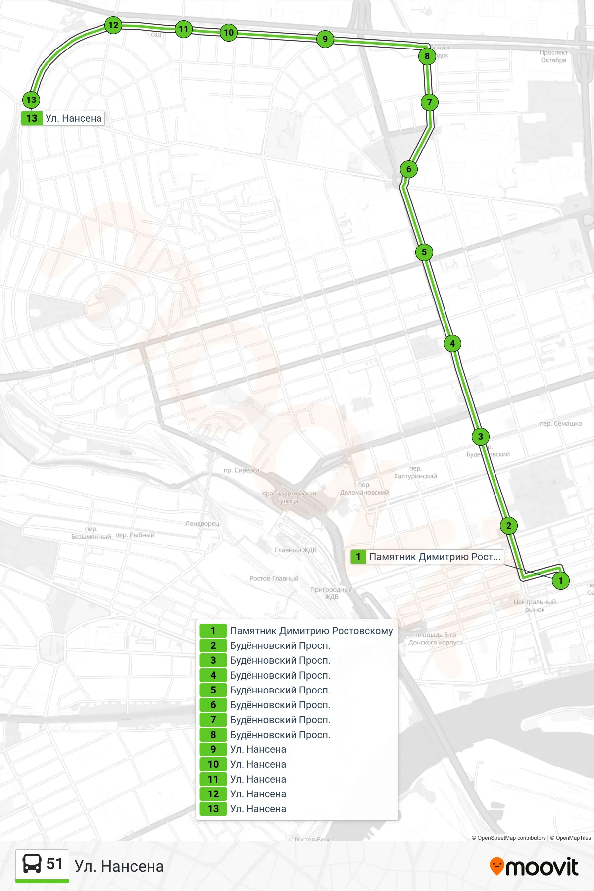 51 bus Line (Nansen St) route and stops on a map
