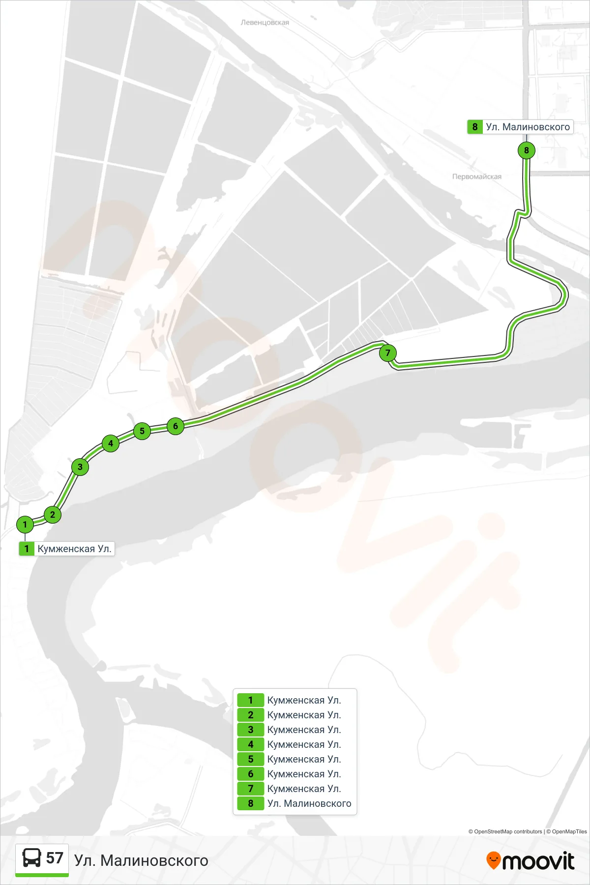 57 bus Line (Malinovsky Street) route and stops on a map