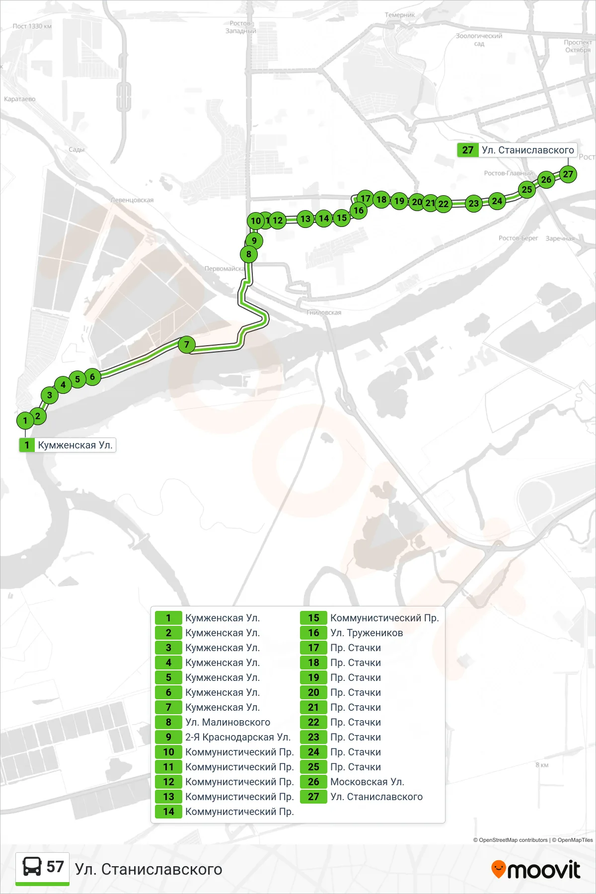 57 bus Line (Stanislavskogo Street) route and stops on a map