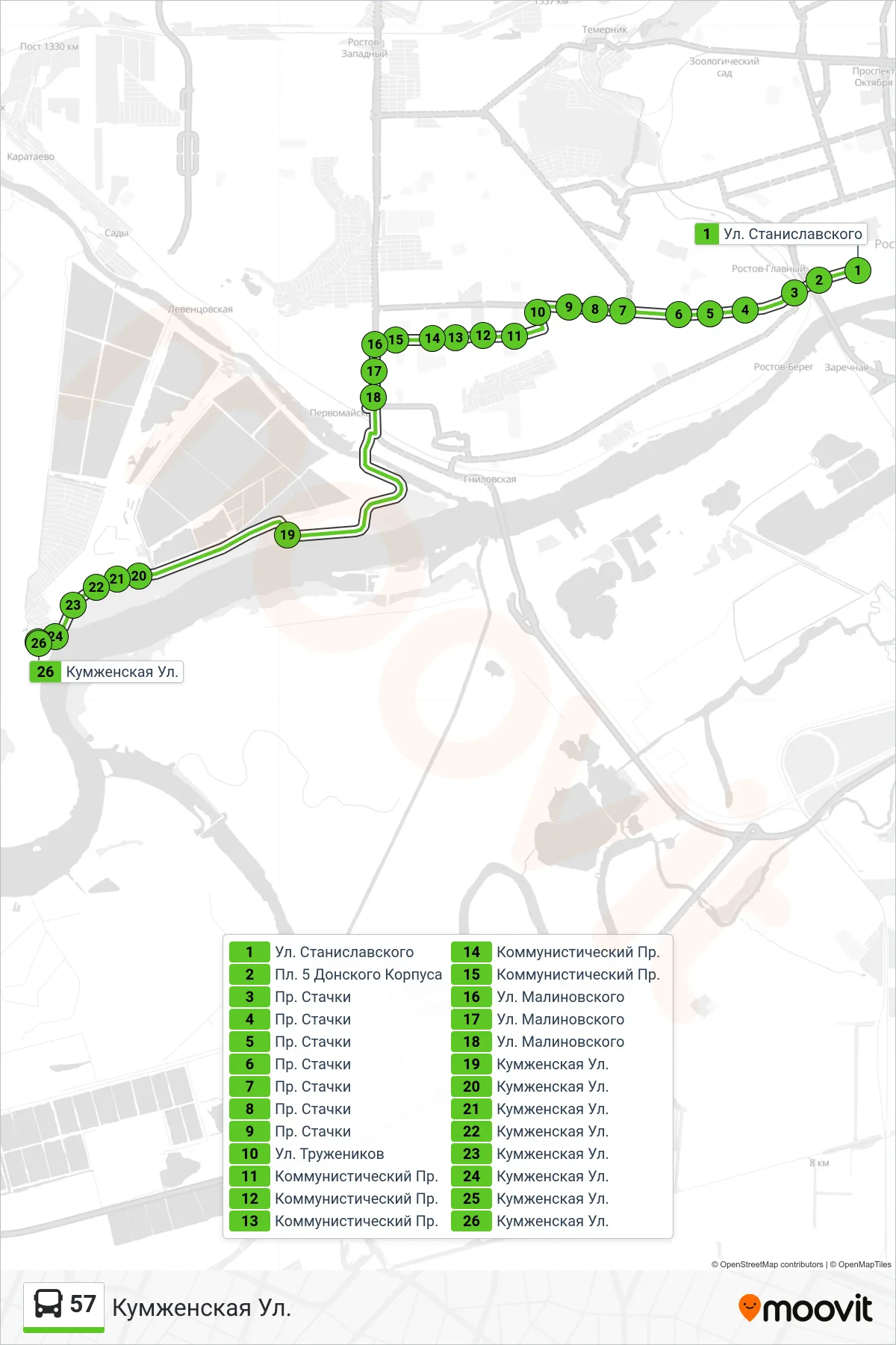 57 bus Line (Kumzhenskaya St.) route and stops on a map
