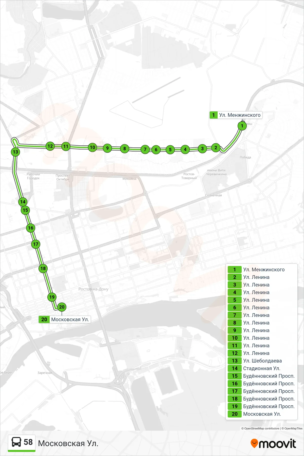 58 bus Line (Moscow Street) route and stops on a map