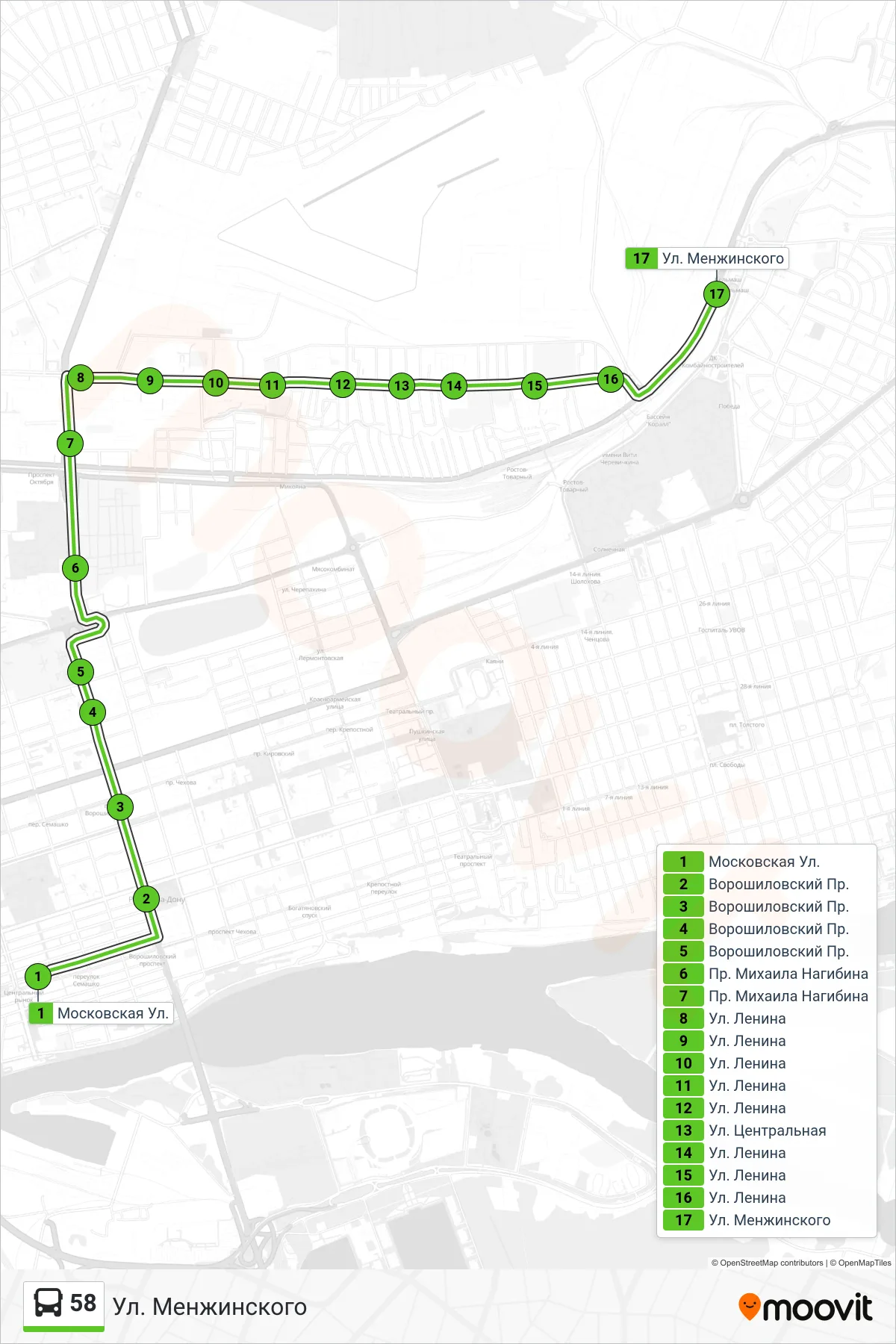 58 bus Line (Menzhinsky Street) route and stops on a map