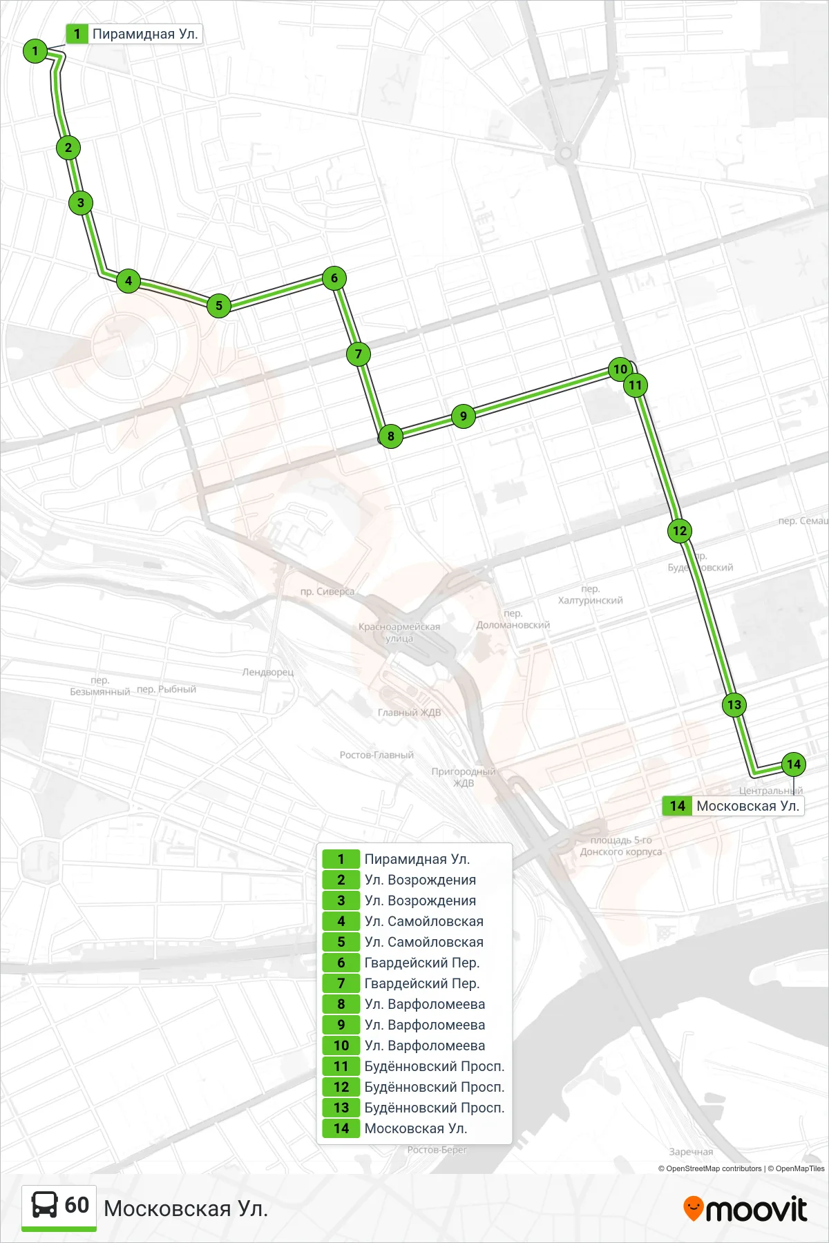 60 bus Line (Moscow Street) route and stops on a map