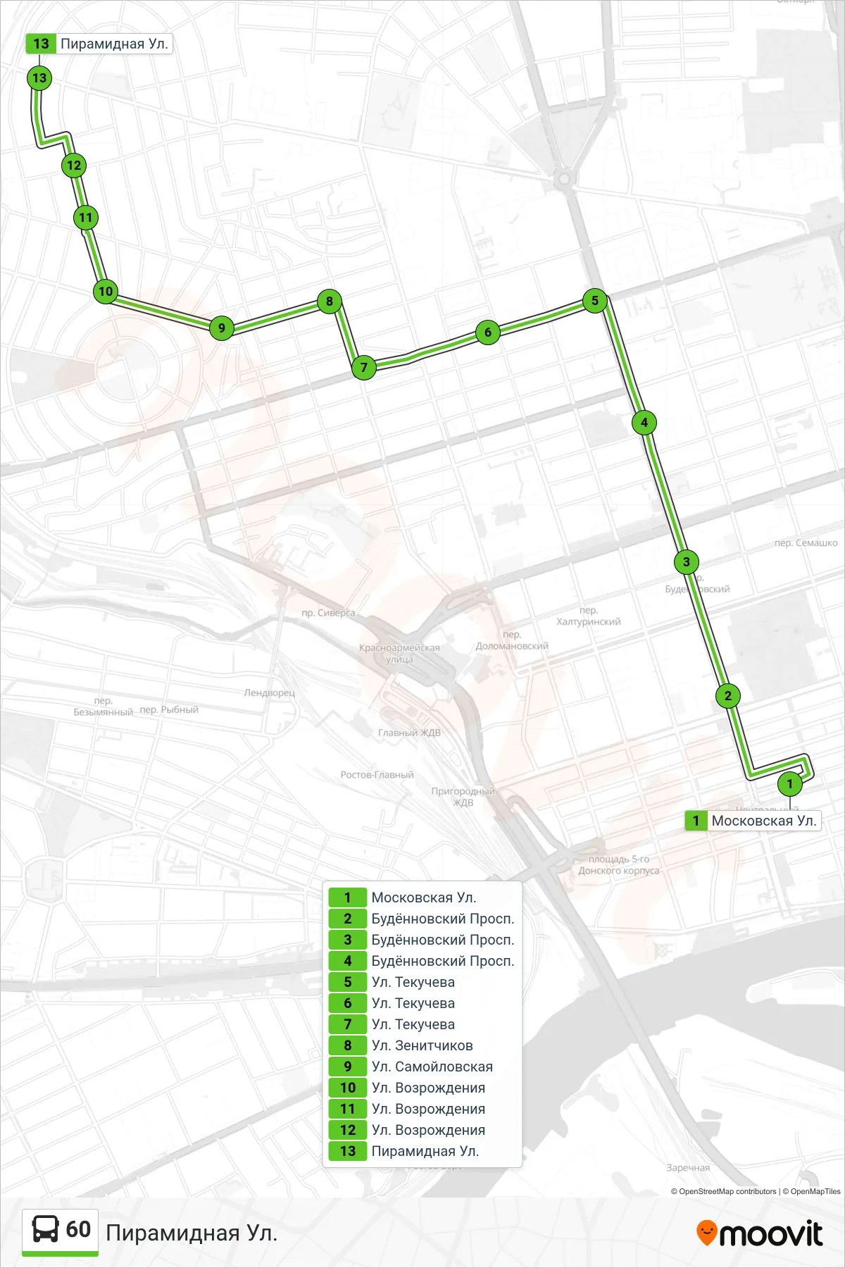 60 bus Line (Pyramidnaya St.) route and stops on a map