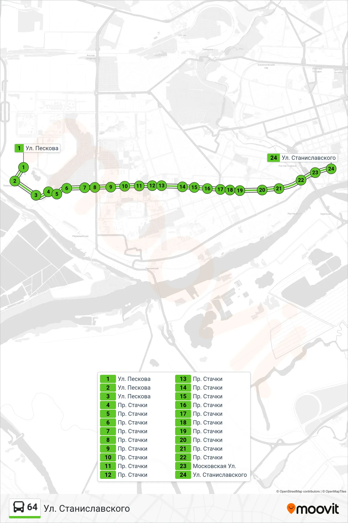 64 bus Line (Stanislavskogo Street) route and stops on a map