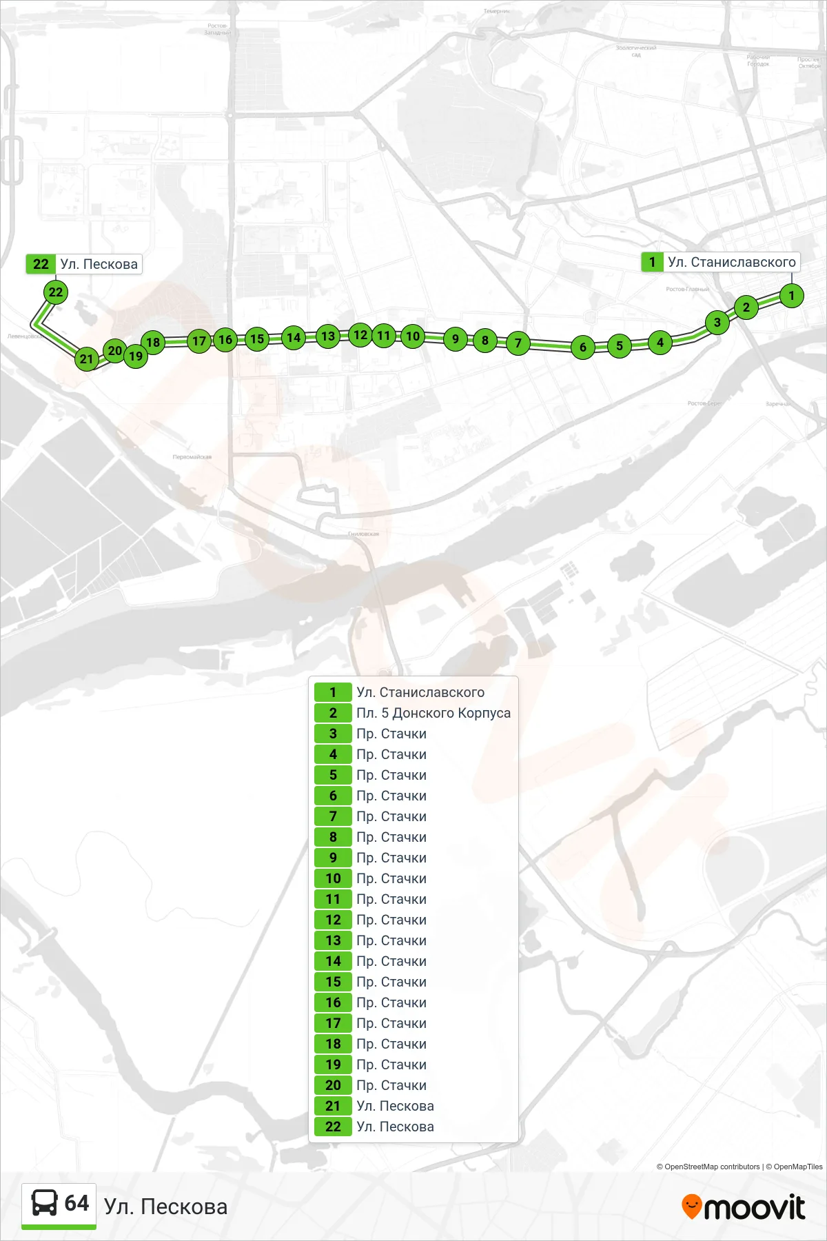 64 bus Line (Peskov Street) route and stops on a map