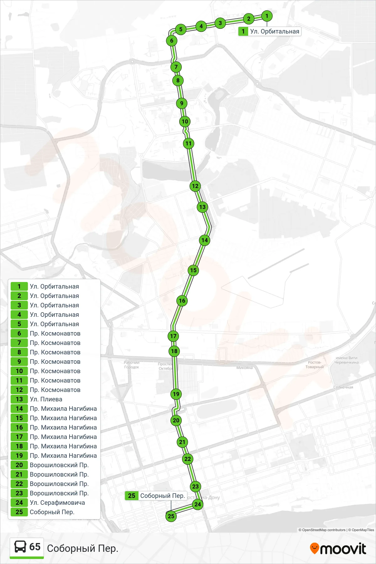 65 bus Line (Cathedral Lane) route and stops on a map