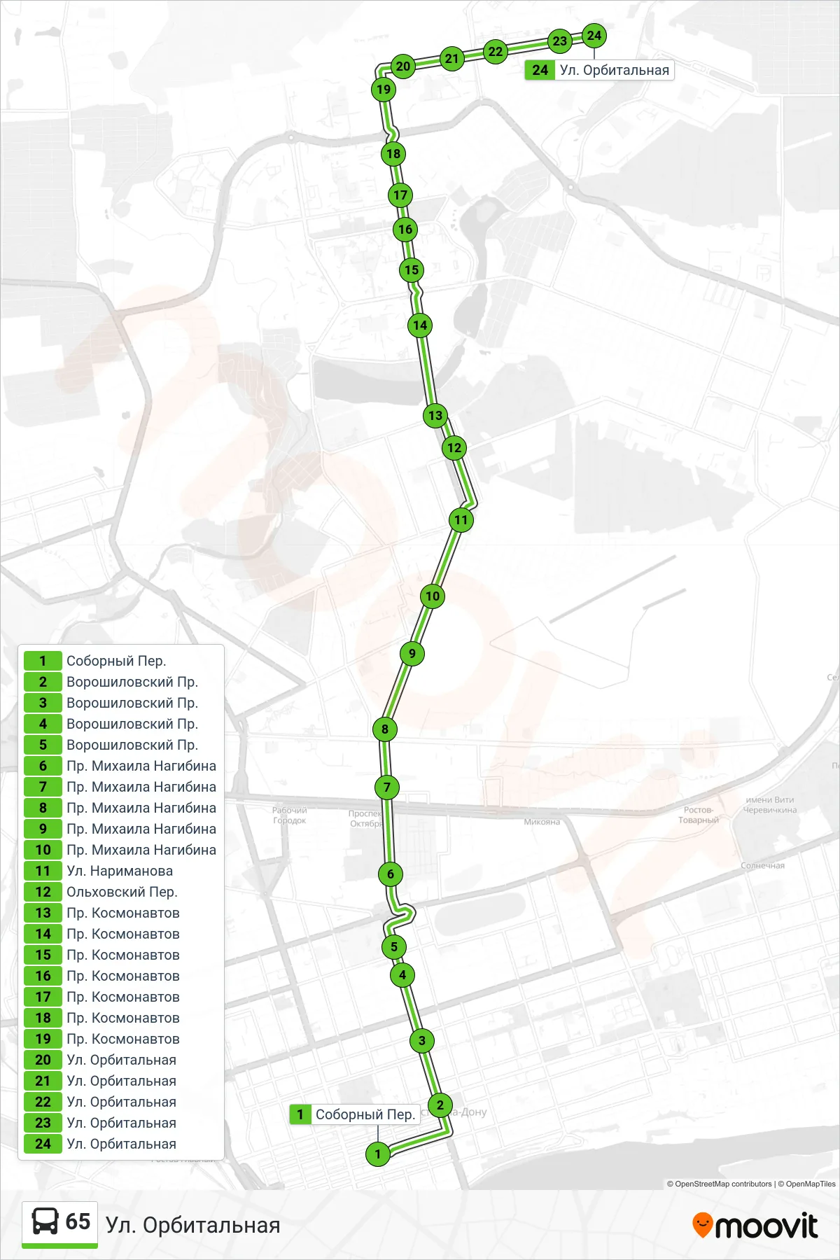 65 bus Line (Orbital St.) route and stops on a map