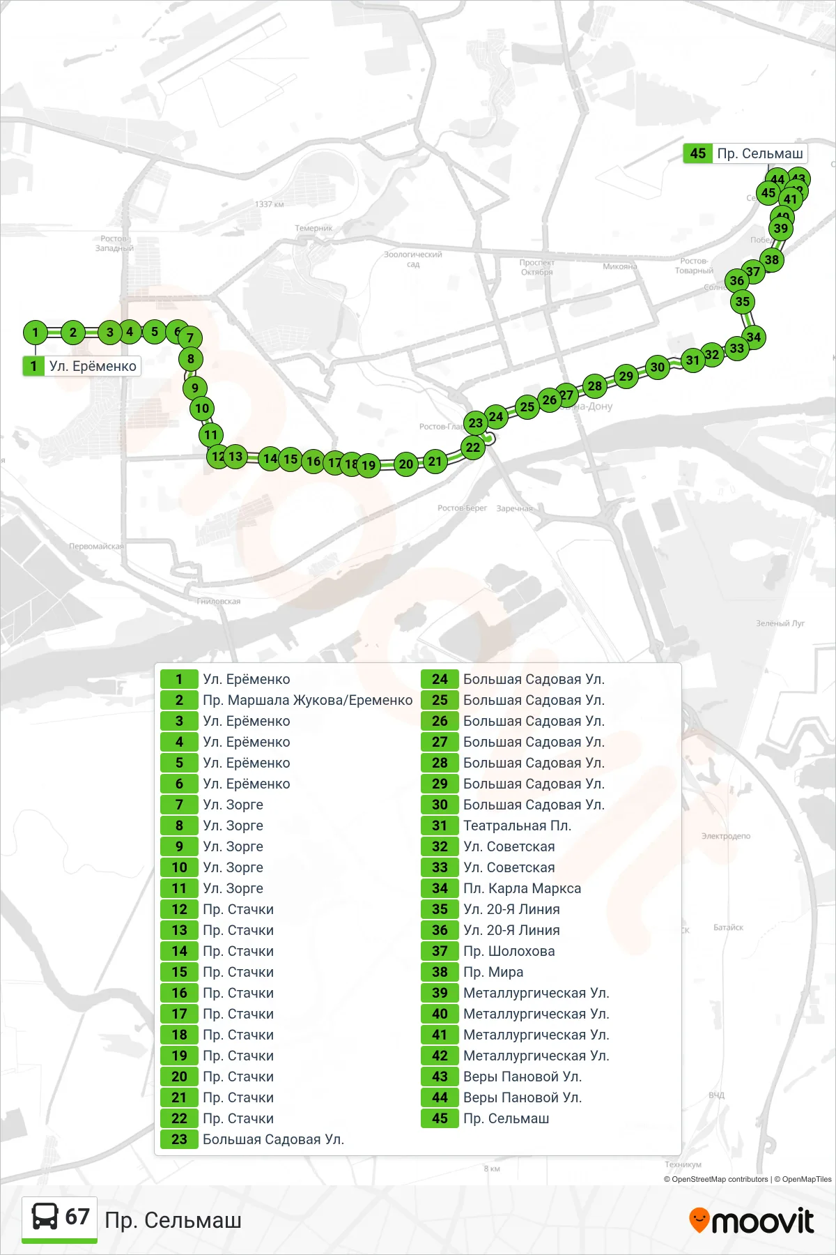 67 bus Line (Selmash Ave.) route and stops on a map