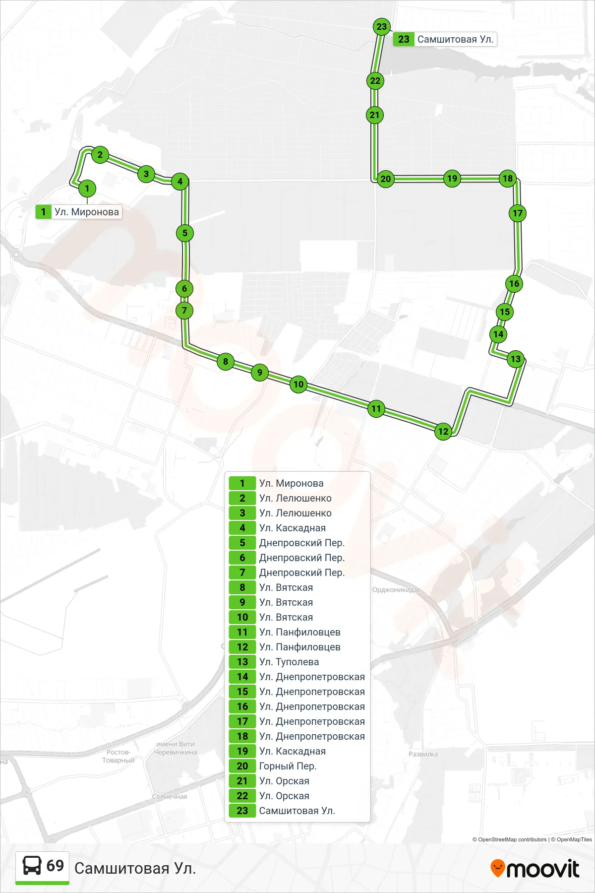 69 bus Line (Samshitovaya St) route and stops on a map