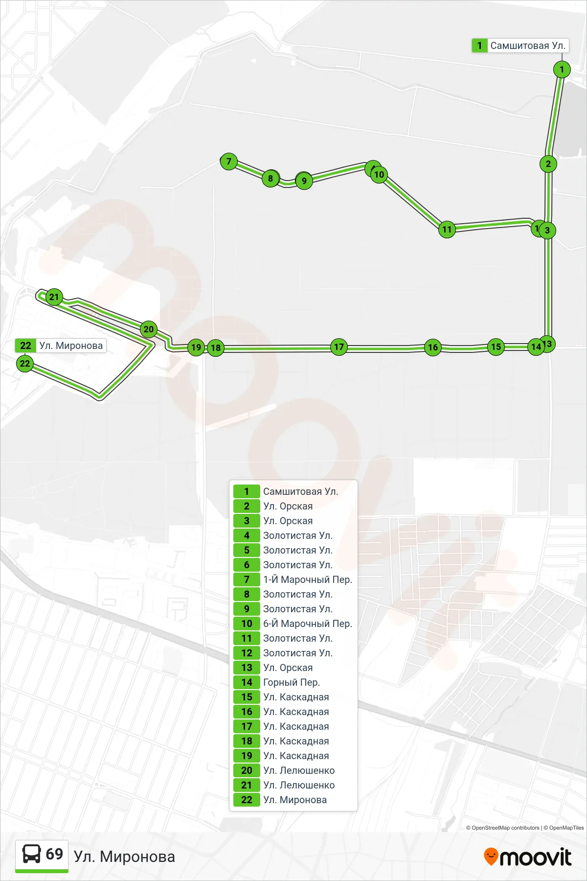 69 bus Line (Mironova Street) route and stops on a map