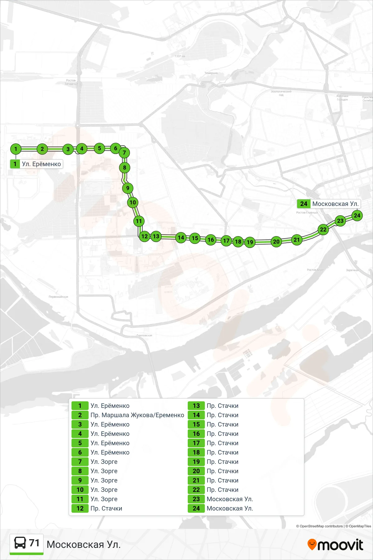71 bus Line (Moscow Street) route and stops on a map