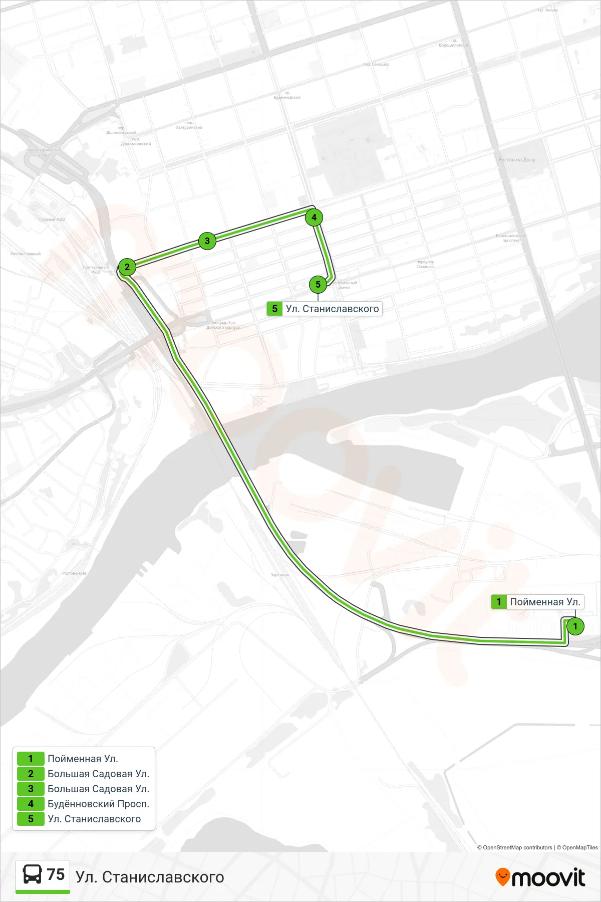 75 bus Line (Stanislavskogo Street) route and stops on a map