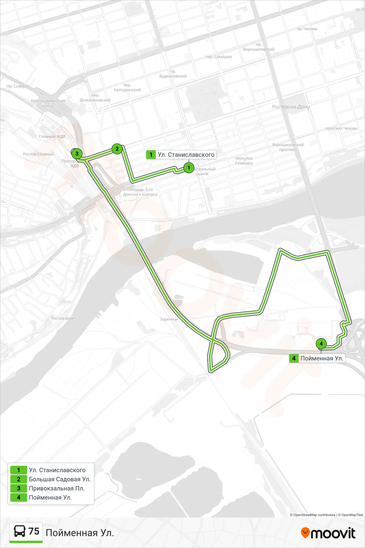75 bus Line (Floodplain St.) route and stops on a map