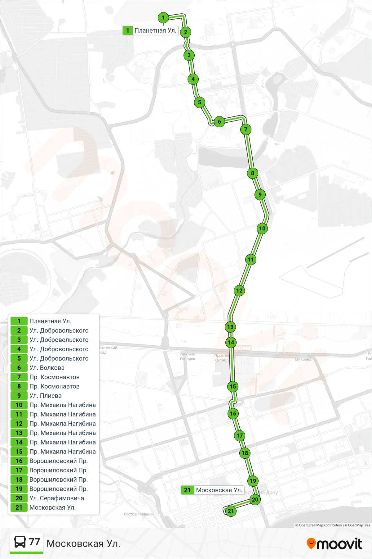 77 bus Line (Moscow Street) route and stops on a map