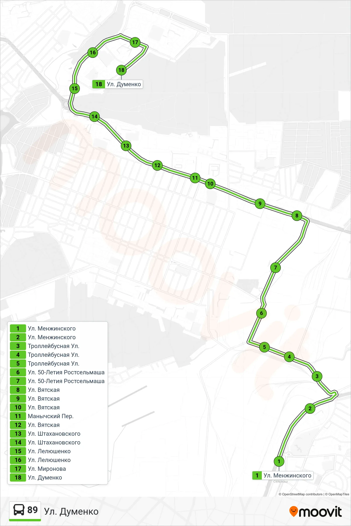 89 bus Line (Dumenko St) route and stops on a map