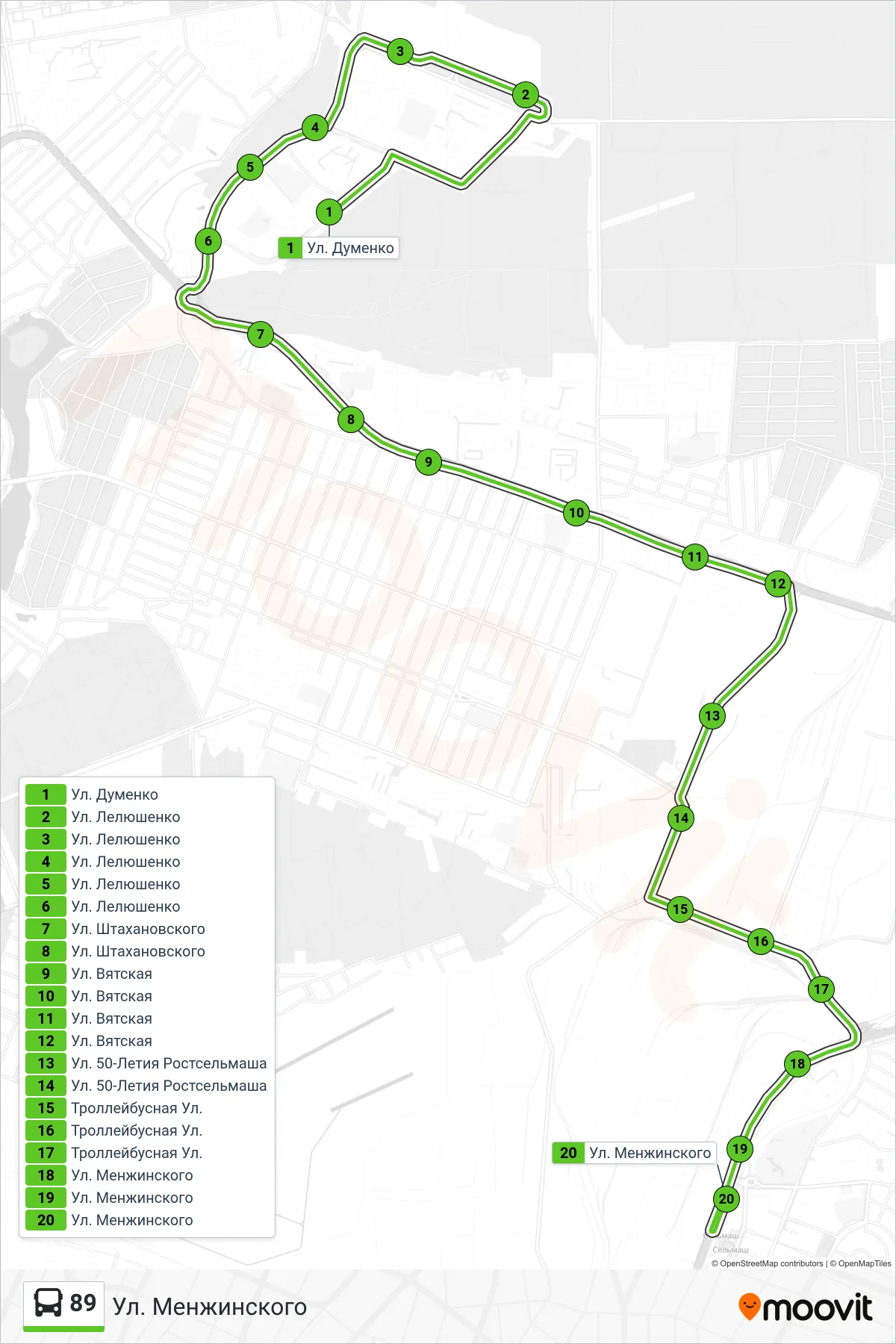 89 bus Line (Menzhinsky Street) route and stops on a map
