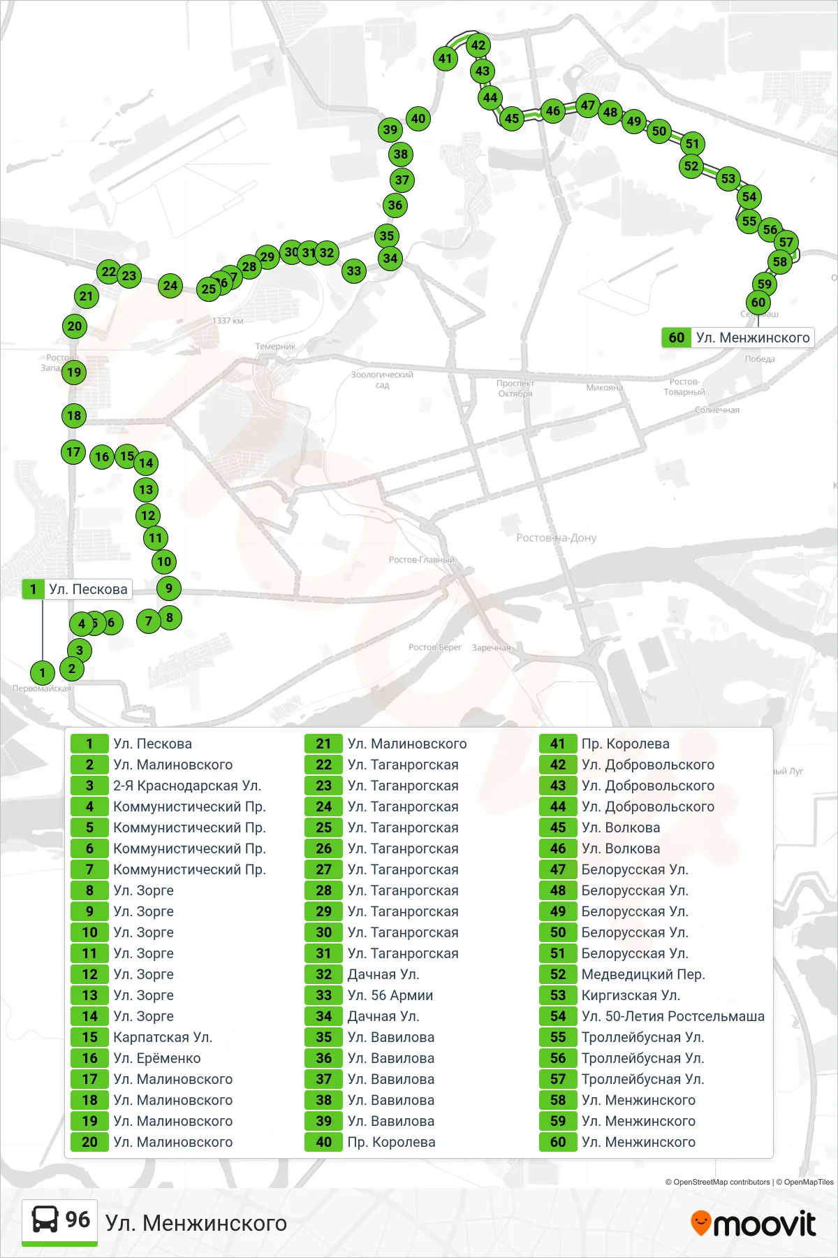 96 bus Line (Menzhinsky Street) route and stops on a map