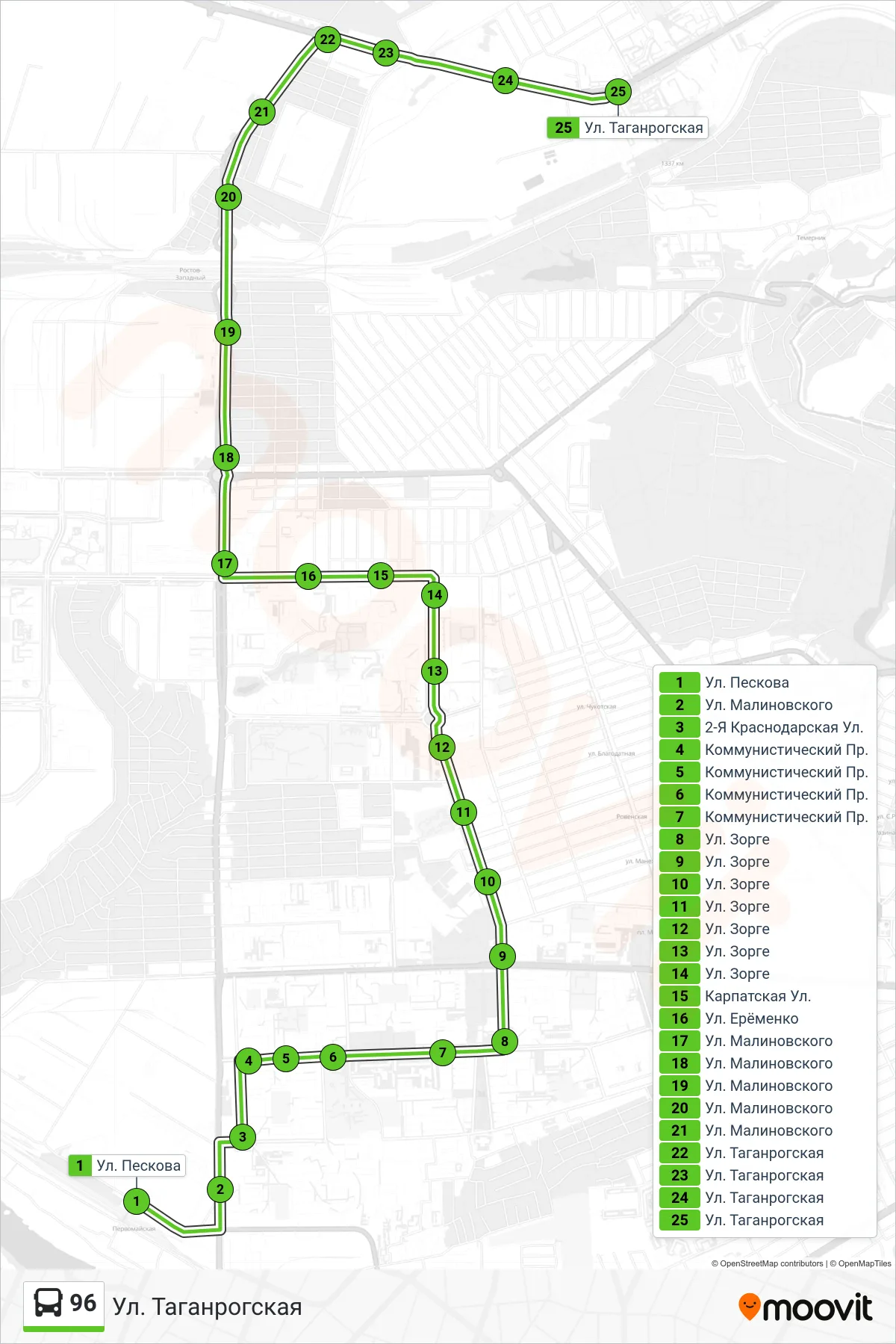 96 bus Line (Taganrog Street) route and stops on a map