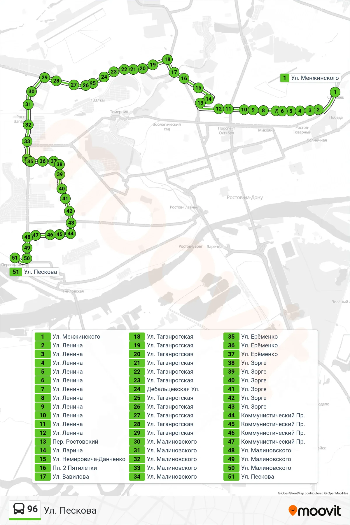96 bus Line (Peskov Street) route and stops on a map