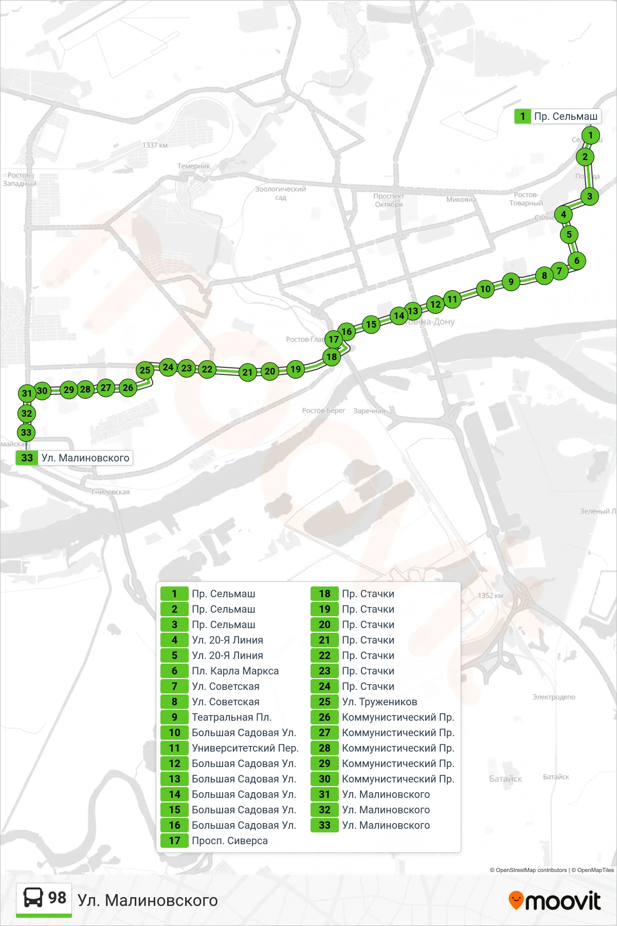98 bus Line (Malinovsky Street) route and stops on a map