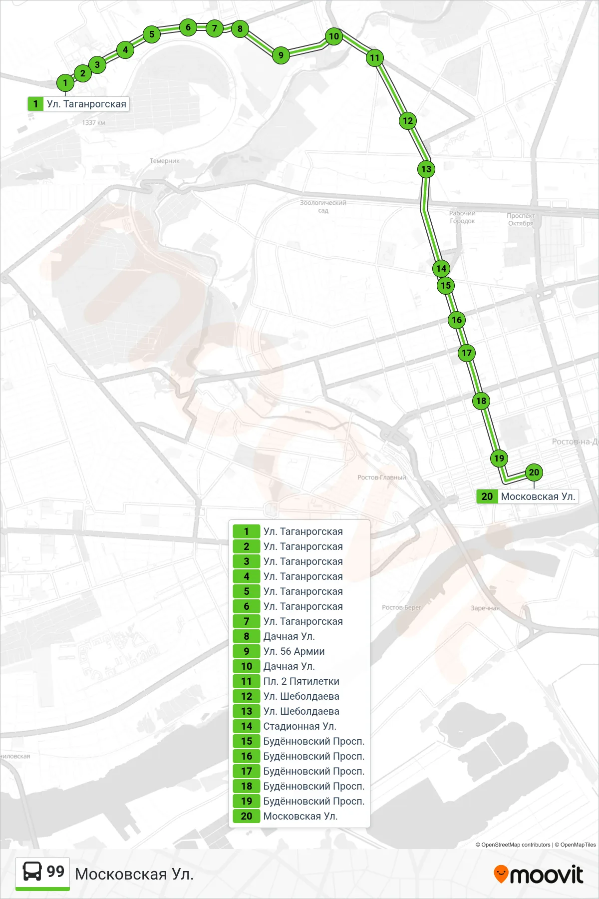 99 bus Line (Moscow Street) route and stops on a map