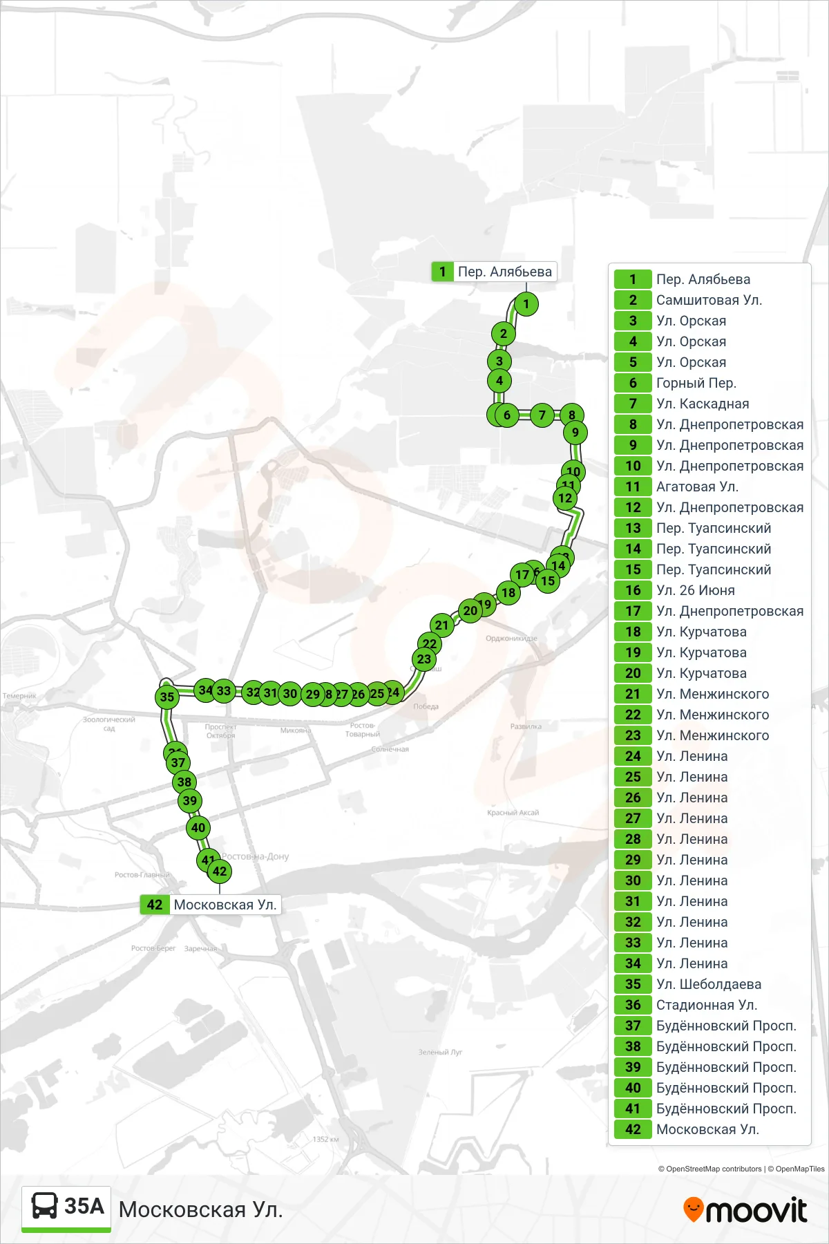 35A bus Line (Moscow Street) route and stops on a map