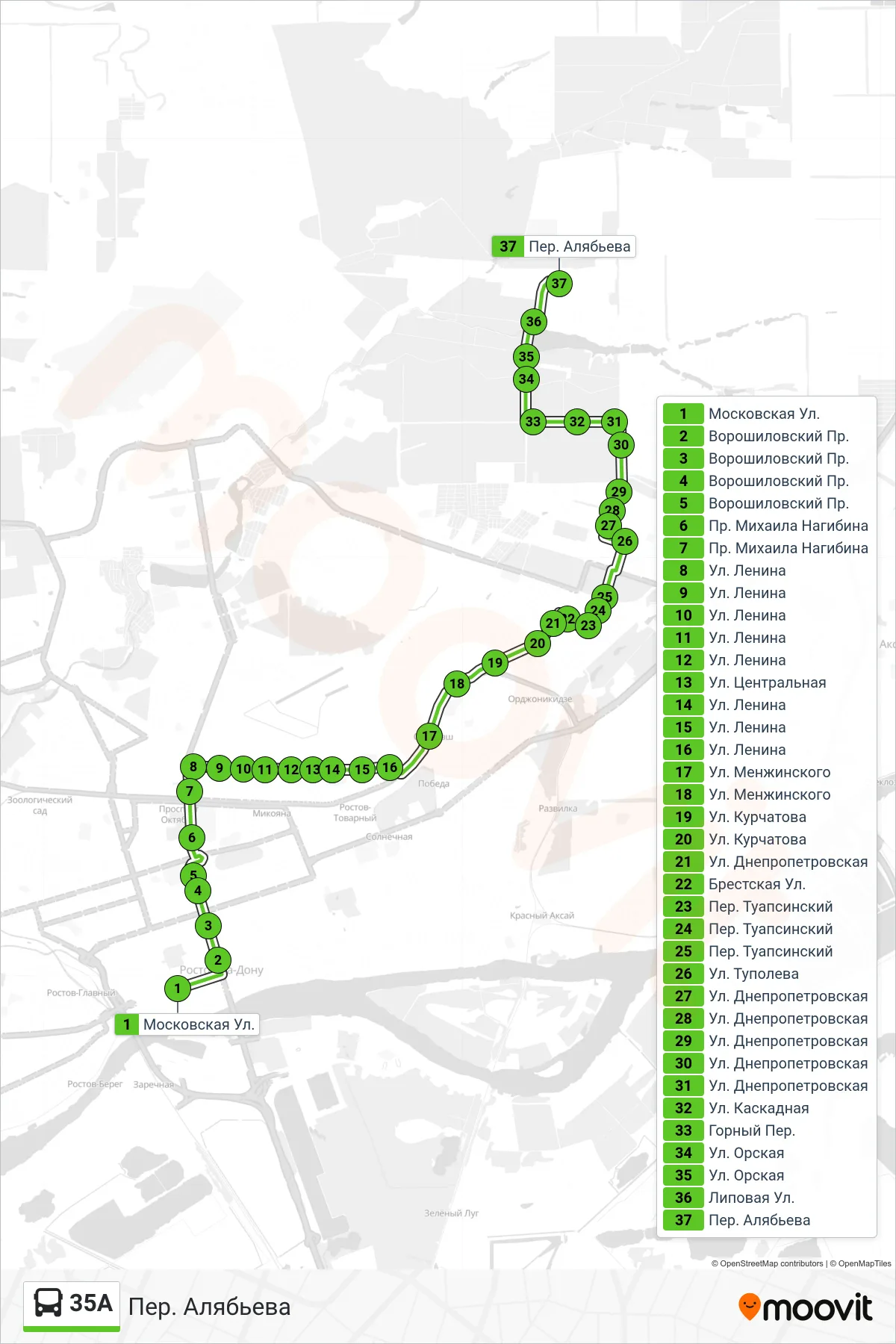 35A bus Line (Alyabyev Lane) route and stops on a map