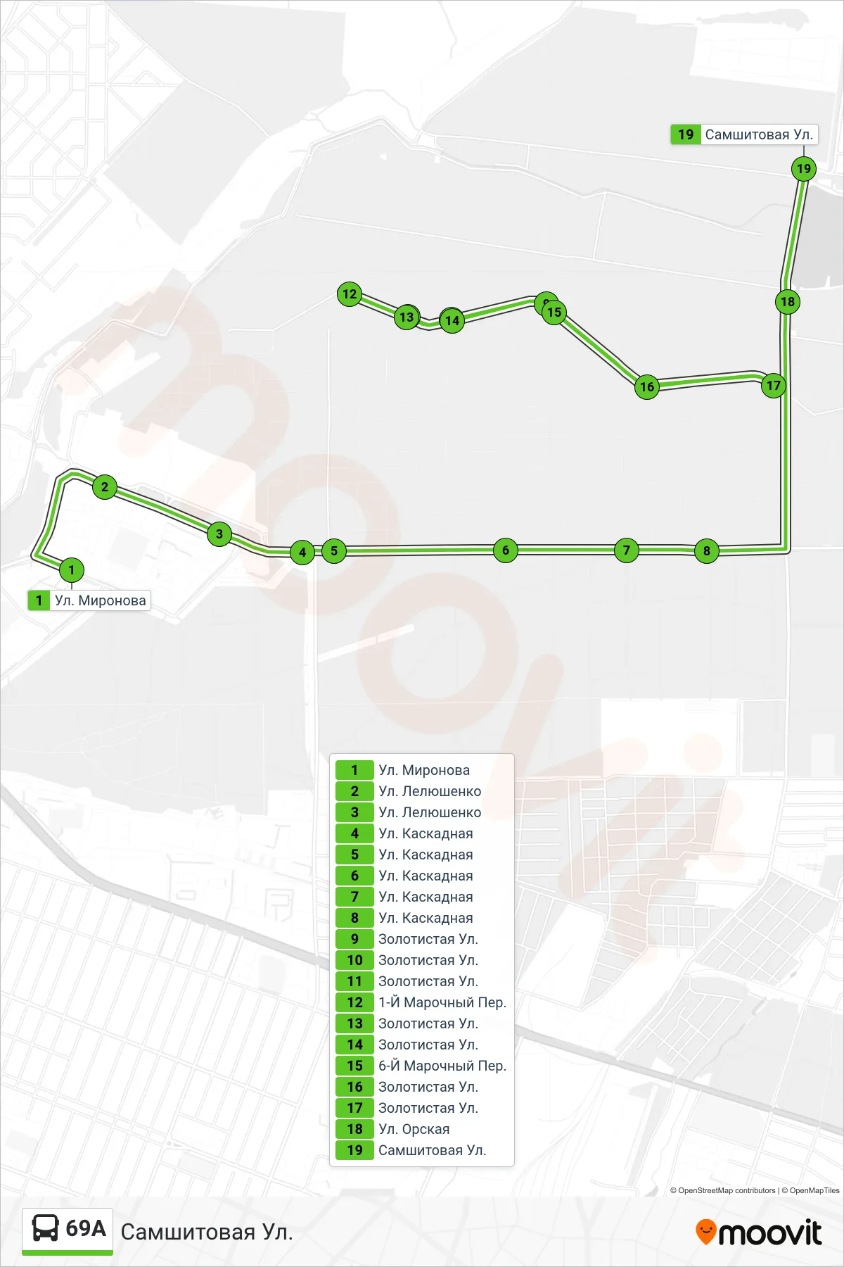 69A bus Line (Samshitovaya St) route and stops on a map