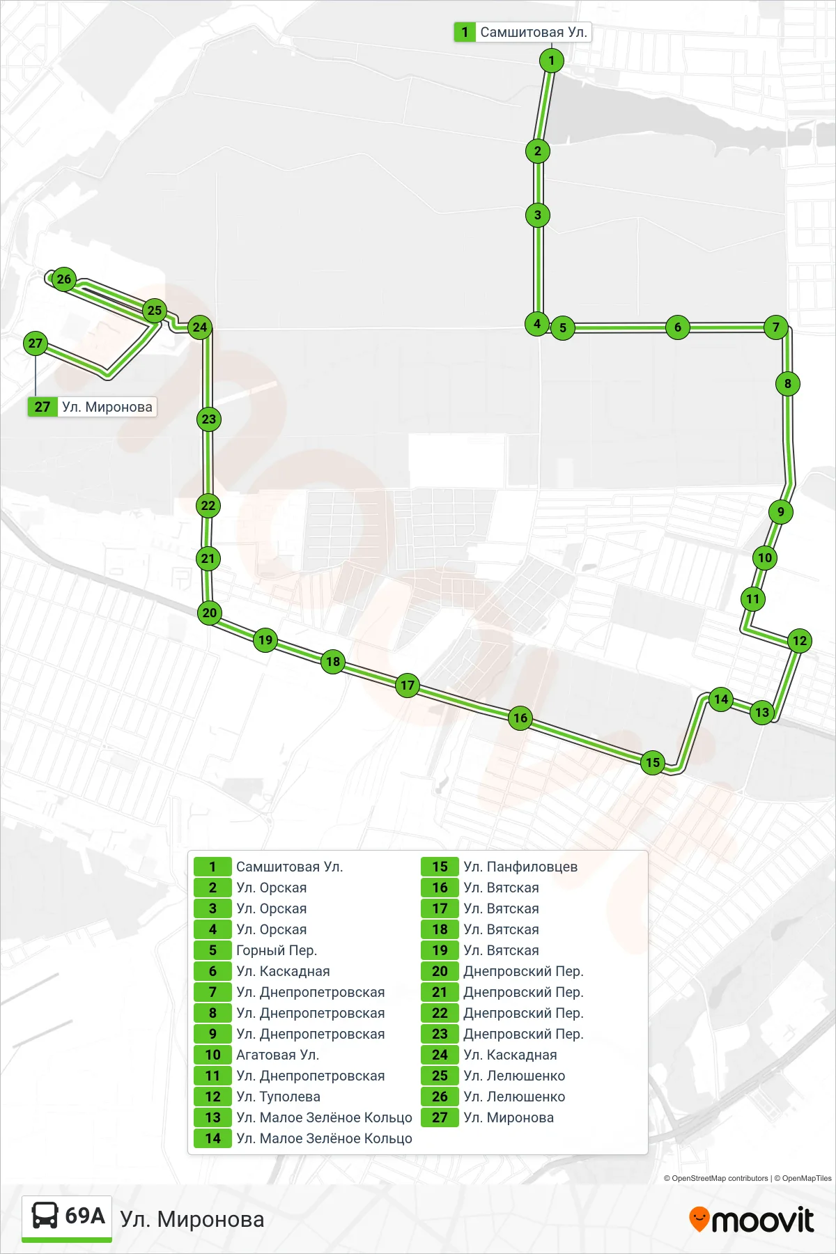 69A bus Line (Mironova Street) route and stops on a map