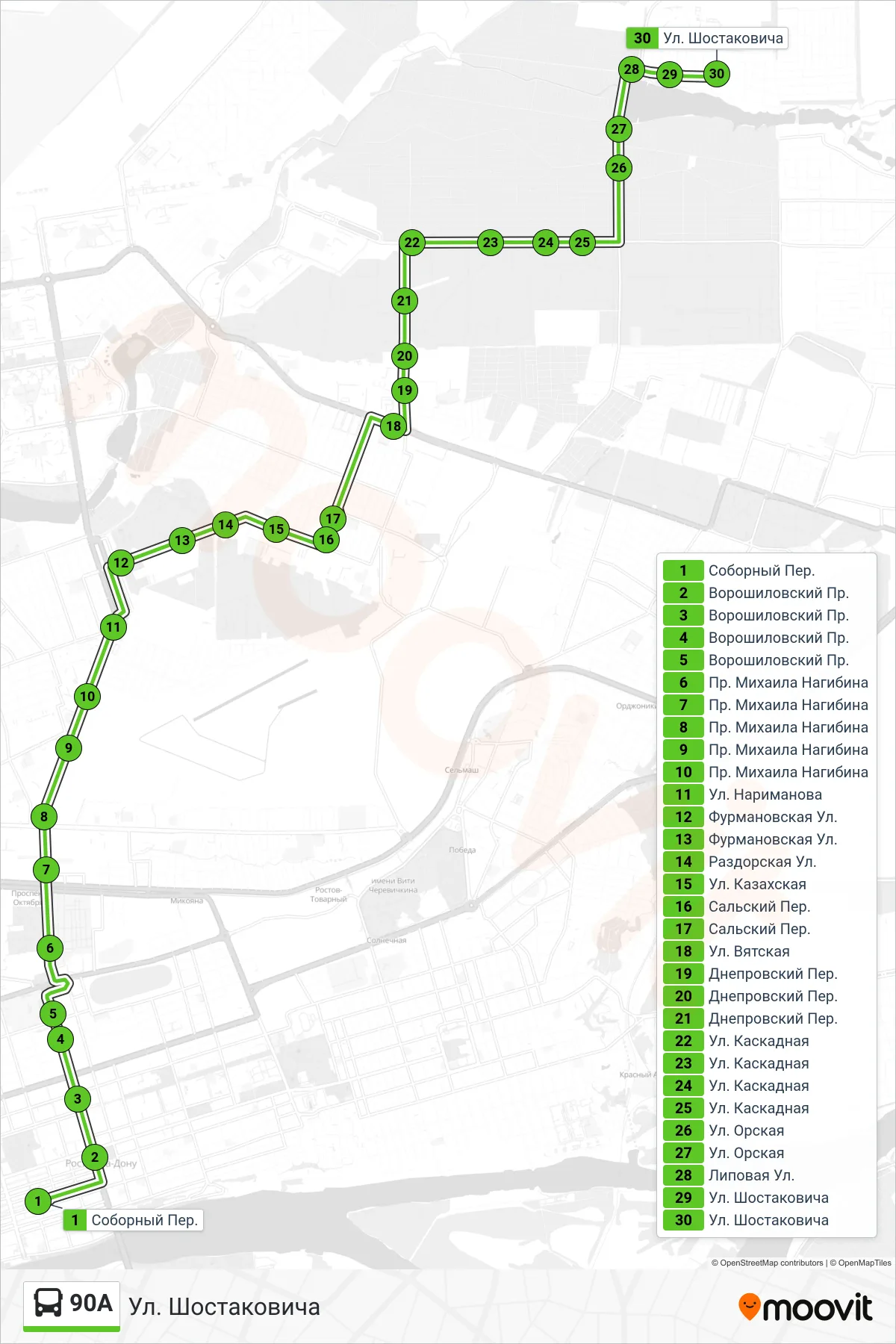 90A bus Line (Shostakovich Street) route and stops on a map