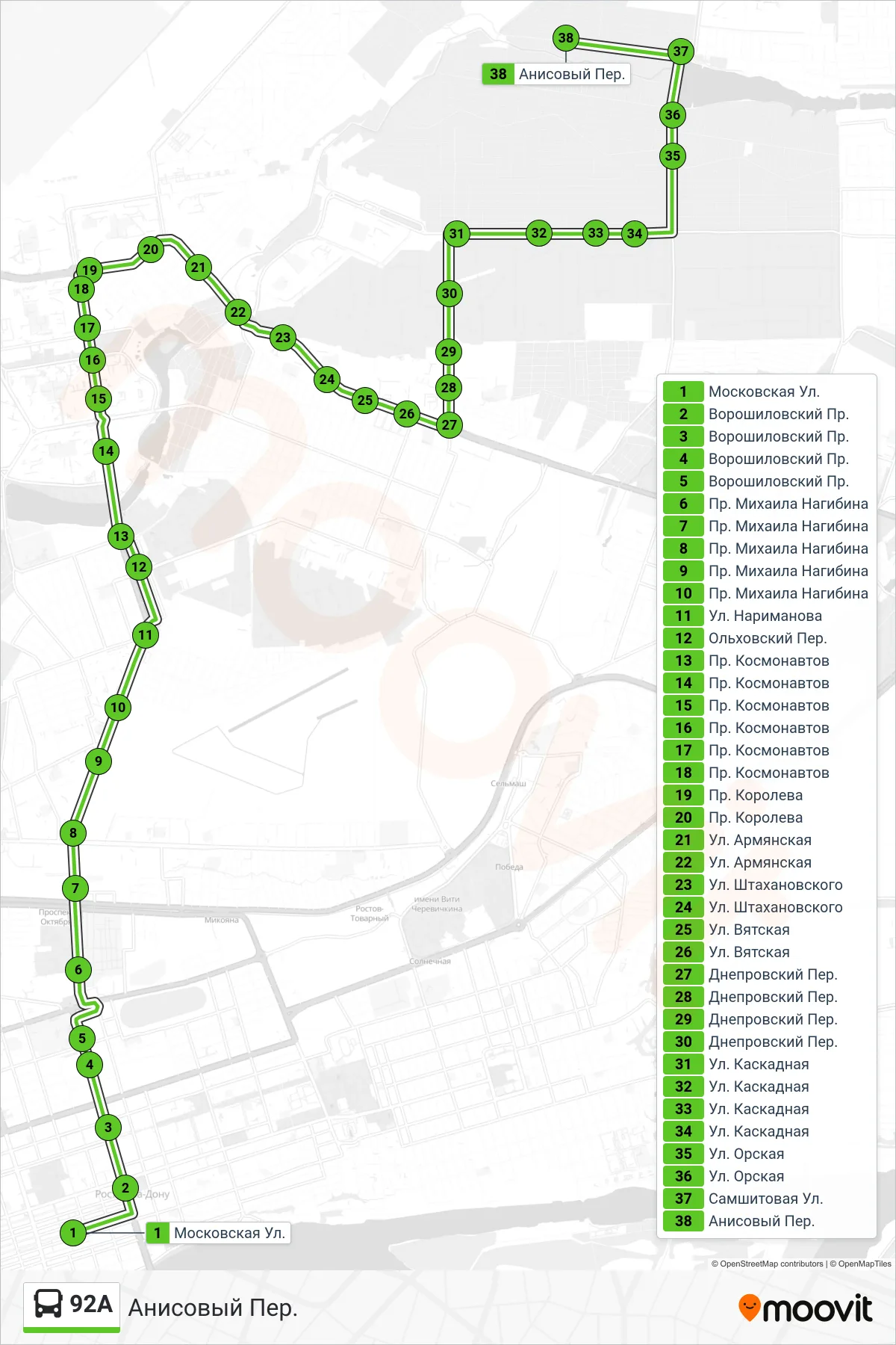 92A bus Line (Anise Lane) route and stops on a map
