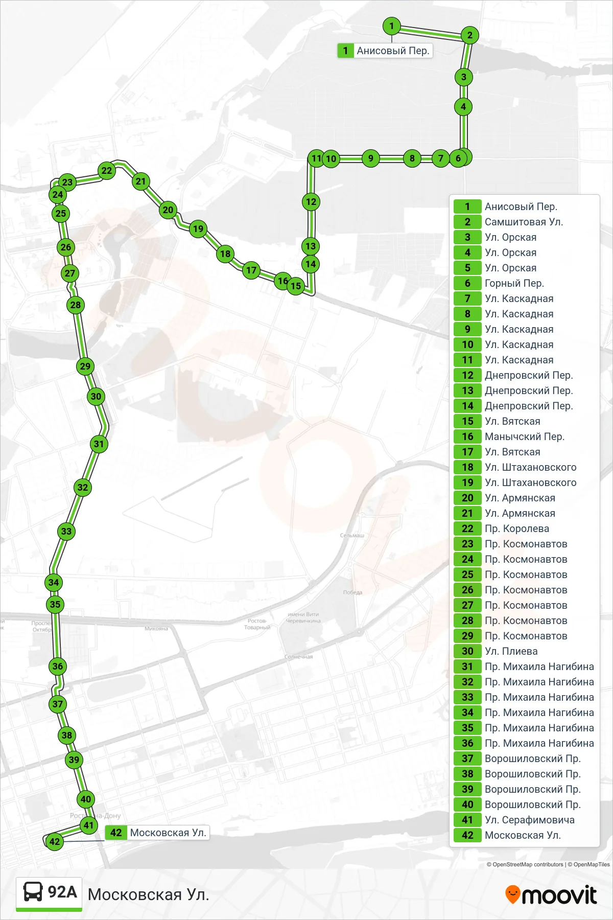 92A bus Line (Moscow Street) route and stops on a map