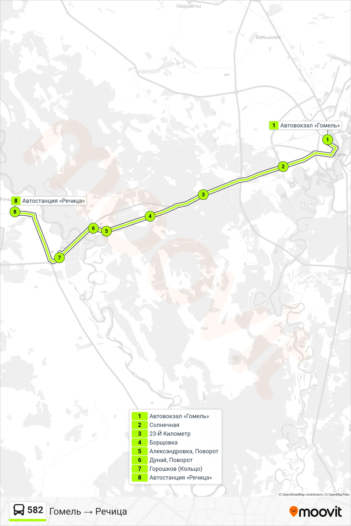 582 bus Line (Gomel to Rechitsa) route and stops on a map