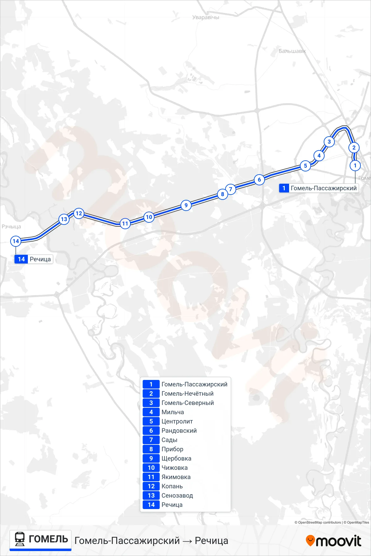 GOMEL rail Line (Gomel-Passenger → Rechitsa) route and stops on a map