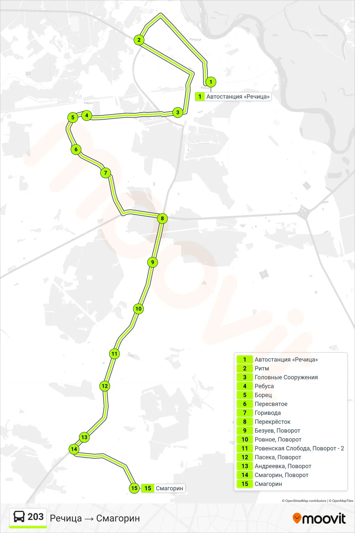 203 bus Line (Rechitsa → Smagorin) route and stops on a map